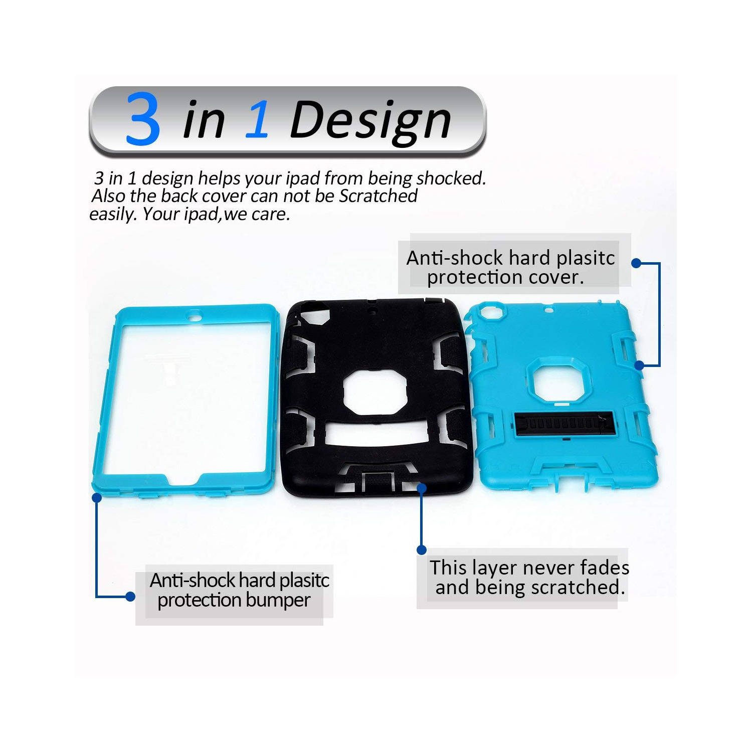 3in 1 Heavy Duty Protection Kickstand Combo Hybrid Impact Silicone Hard Case Cover for Apple Ipad Mini 1 2 3