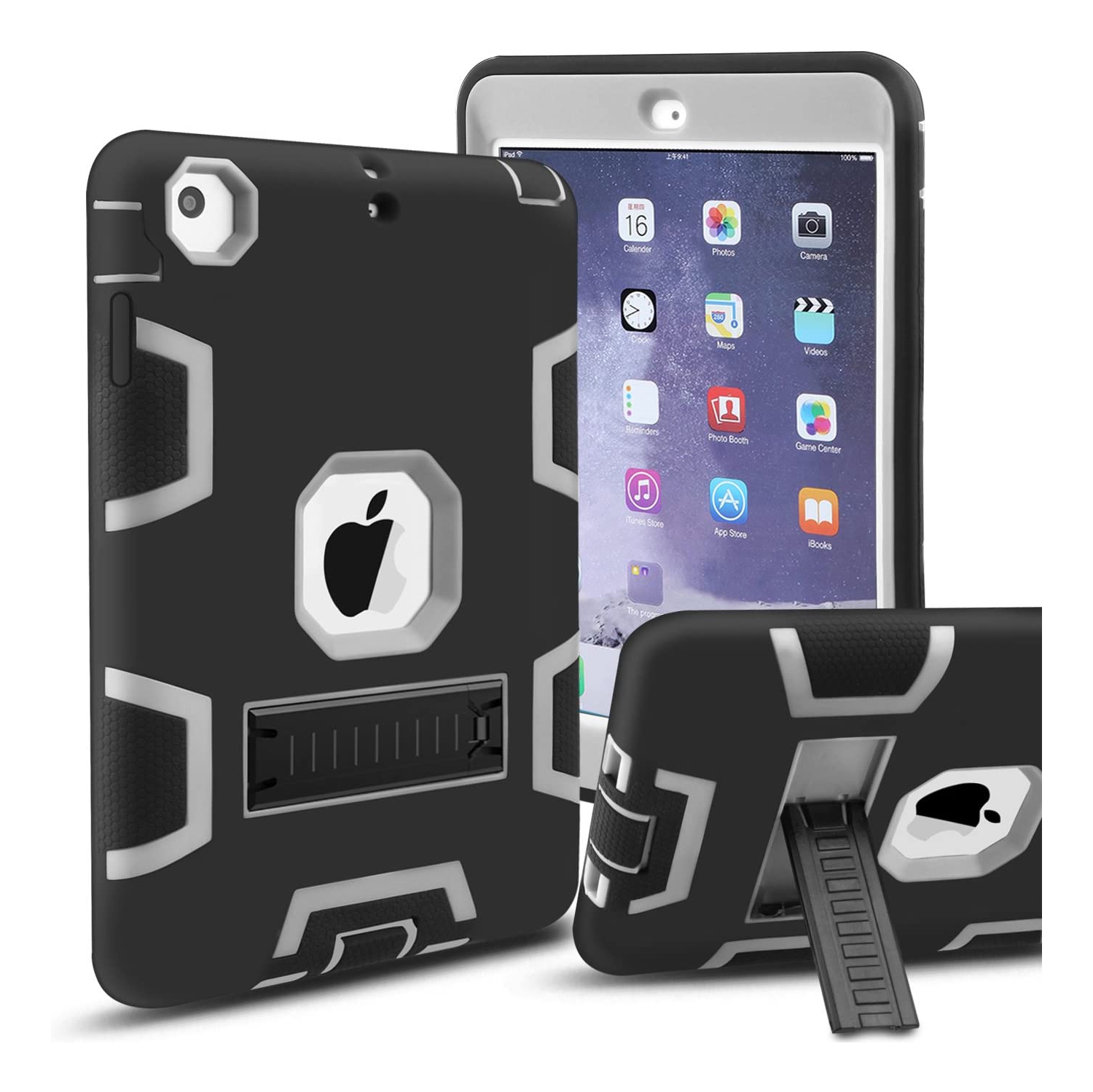 iPad Mini Case, iPad Mini 2 Case, iPad Mini 3 Case, MAKEIT 3in 1 Heavy Duty Protection Kickstand Combo Hybrid Impact Silicone Hard Case Cover for