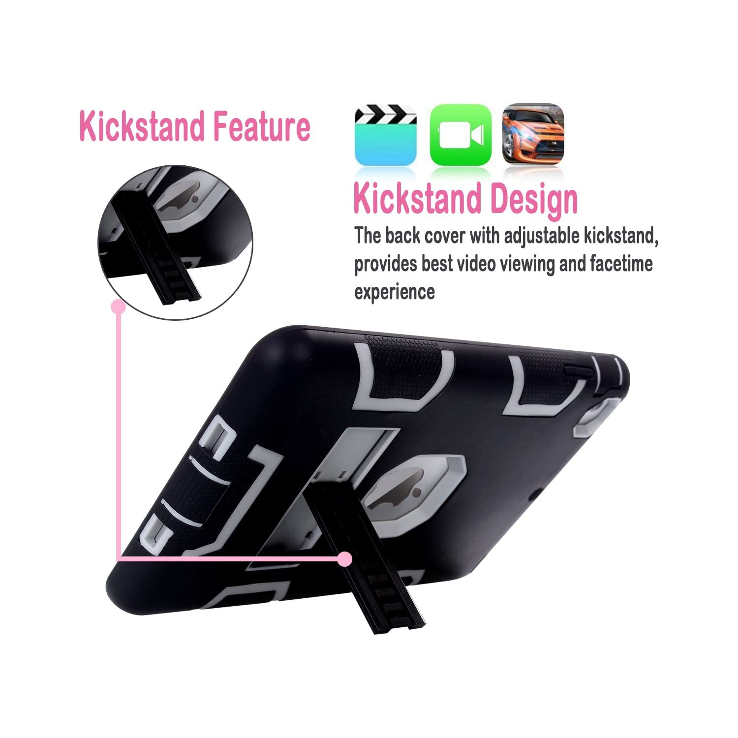 iPad Mini Case, iPad Mini 2 Case, iPad Mini 3 Case, MAKEIT 3in 1 Heavy Duty Protection Kickstand Combo Hybrid Impact Silicone Hard Case Cover for