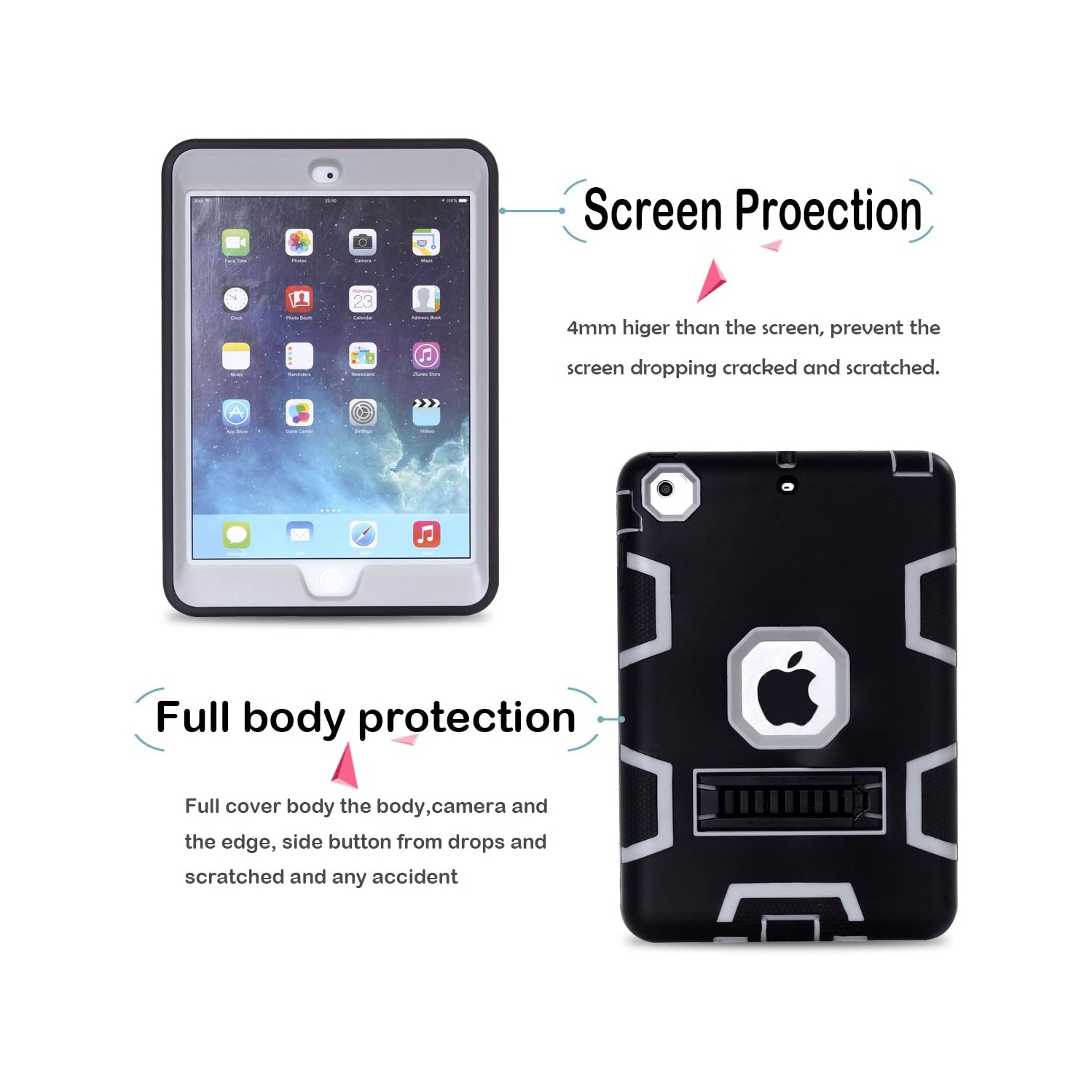 iPad Mini Case, iPad Mini 2 Case, iPad Mini 3 Case, MAKEIT 3in 1 Heavy Duty Protection Kickstand Combo Hybrid Impact Silicone Hard Case Cover for