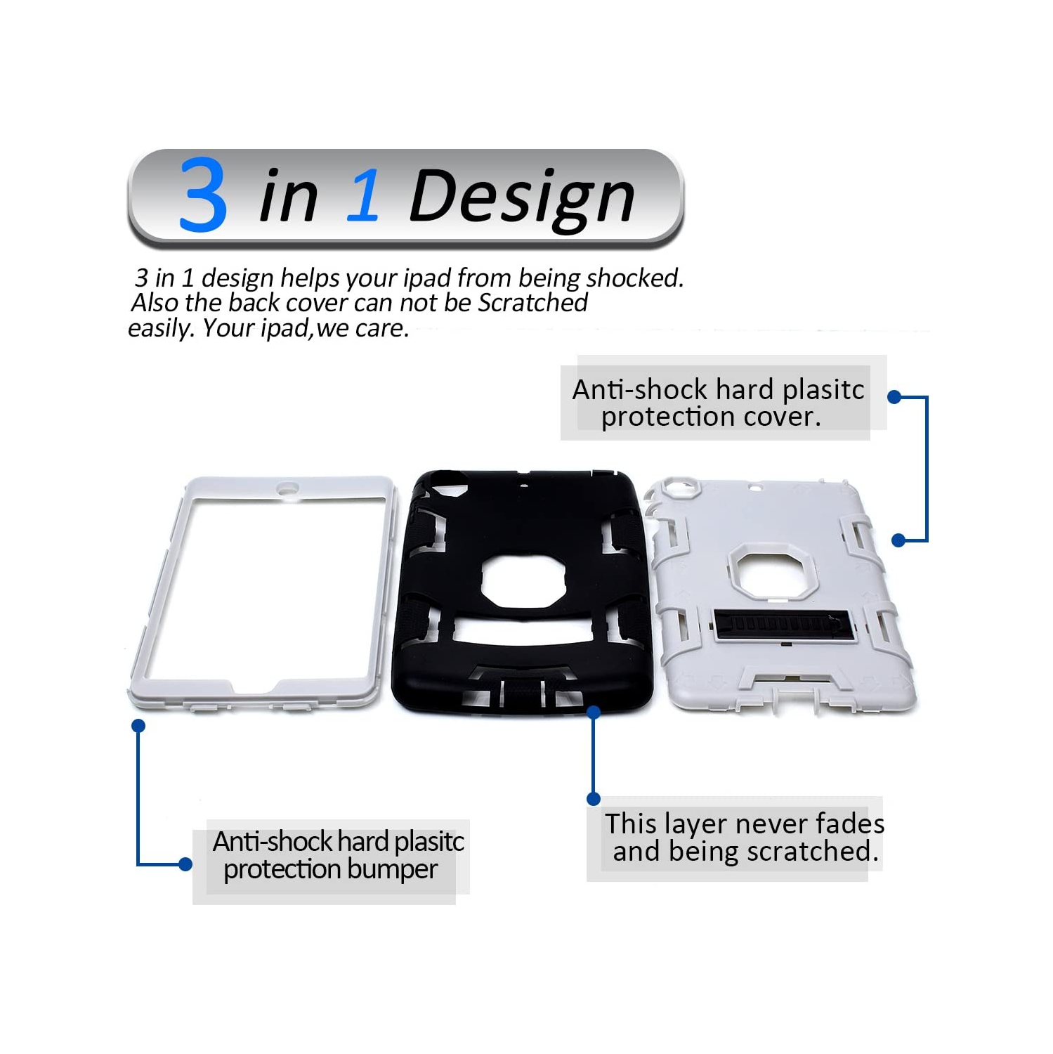 iPad Mini Case, iPad Mini 2 Case, iPad Mini 3 Case, MAKEIT 3in 1 Heavy Duty Protection Kickstand Combo Hybrid Impact Silicone Hard Case Cover for