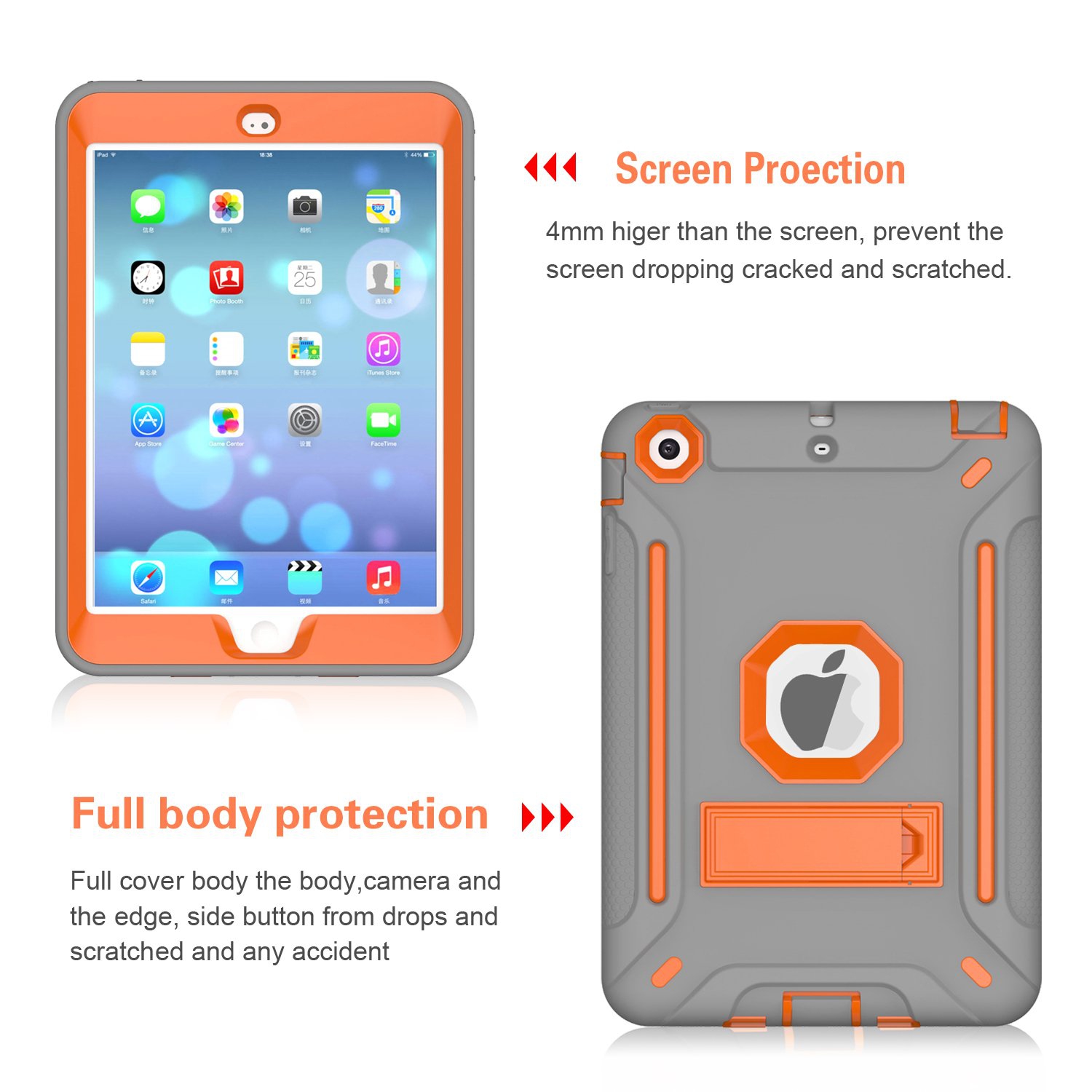 Heavy Duty Hybrid Shockproof Protective Silicone and PC Hard Case Rugged Case with Kickstand for iPad mini 1/ 2/ 3
