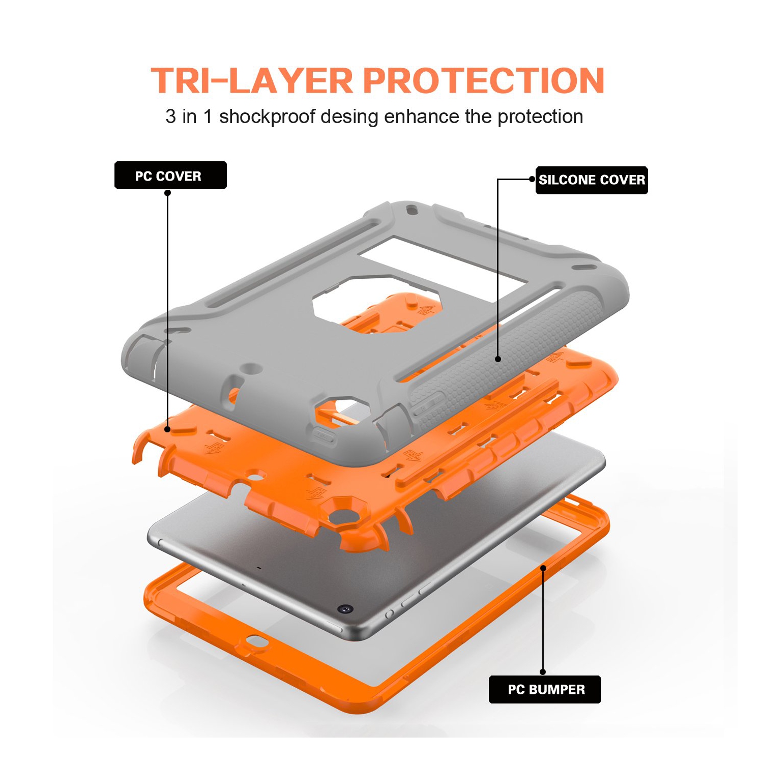 Heavy Duty Hybrid Shockproof Protective Silicone and PC Hard Case Rugged Case with Kickstand for iPad mini 1/ 2/ 3