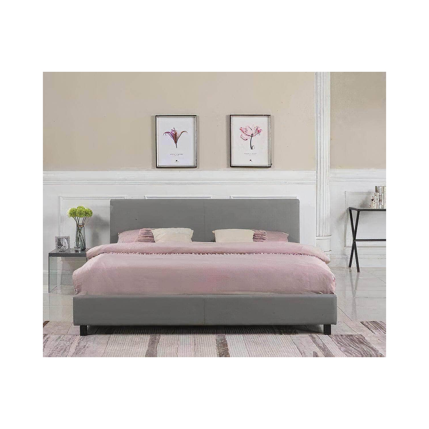 True Contemporary Full Mirabel Grey Faux Leather Platform Bed