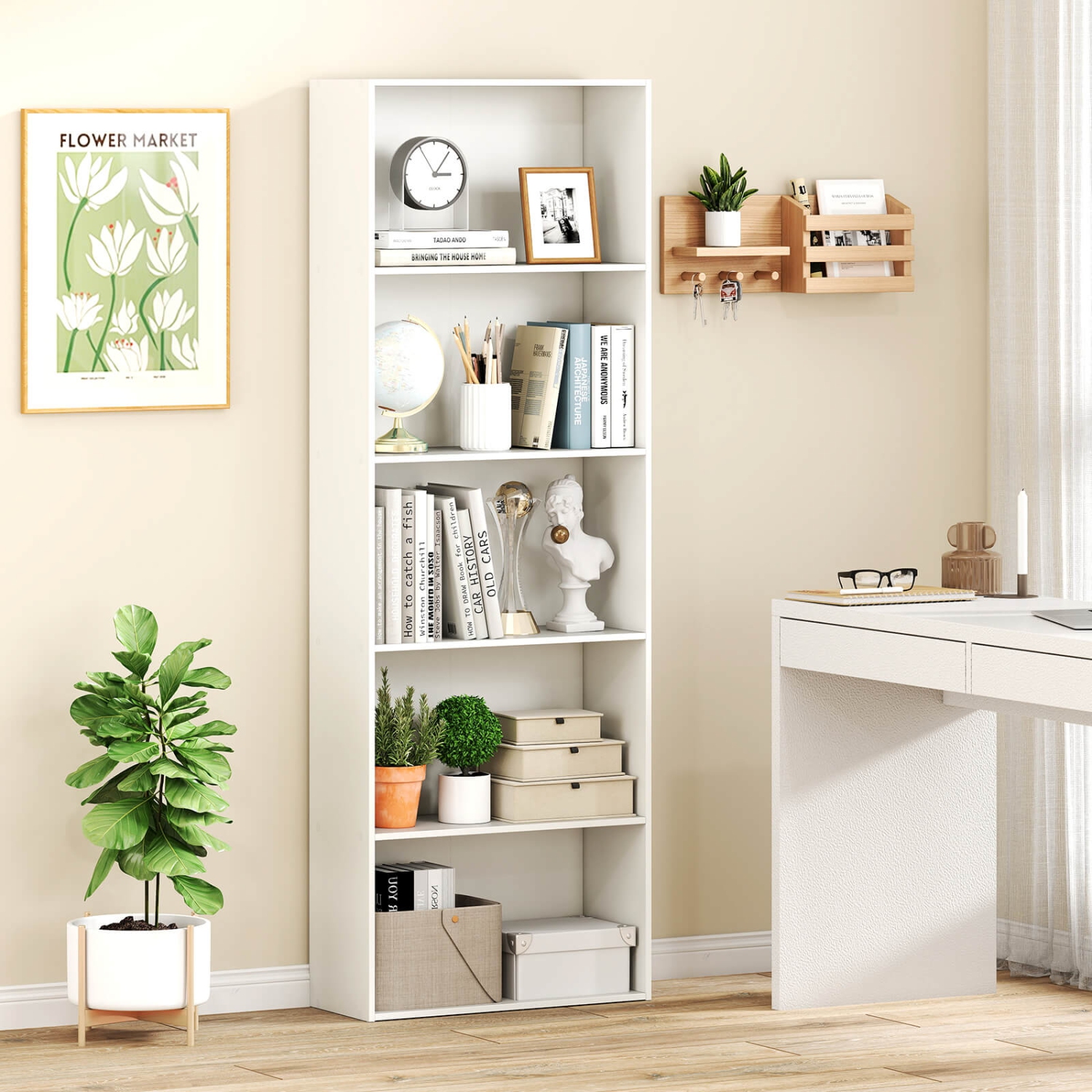 Bibliothèque de rangement à 5 tablettes de Costway – Meuble moderne multi-fonctionnel pour armoire vitrée
