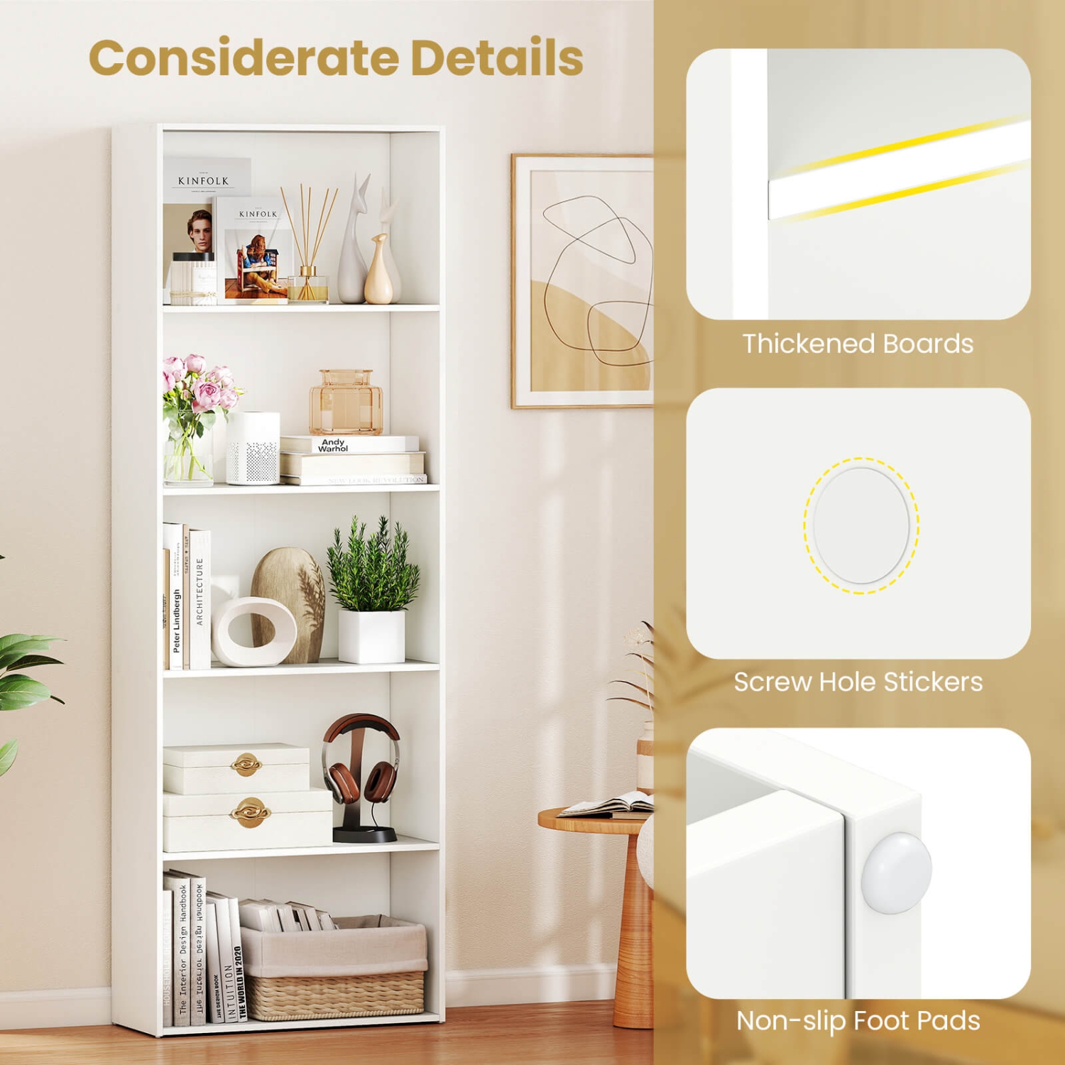 Bibliothèque de rangement à 5 tablettes de Costway – Meuble moderne multi-fonctionnel pour armoire vitrée