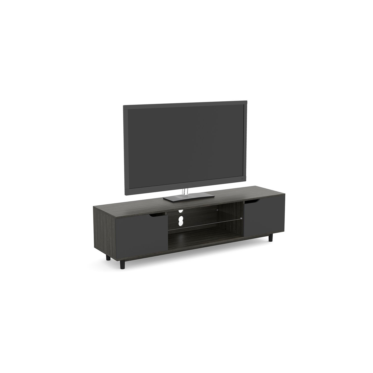 TV STAND DARK GREY WOOD 2 SHELVES 2 BLACK DOORS