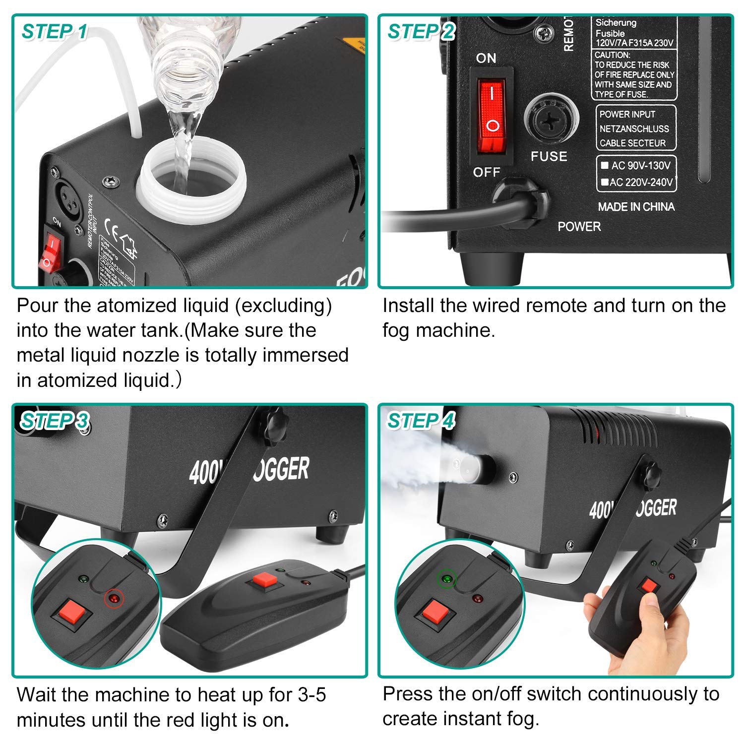 Fog machine with Wired Remote Control 400 WATT Durable Portable,Fit Christmas, Wedding Parities & Stage Performance