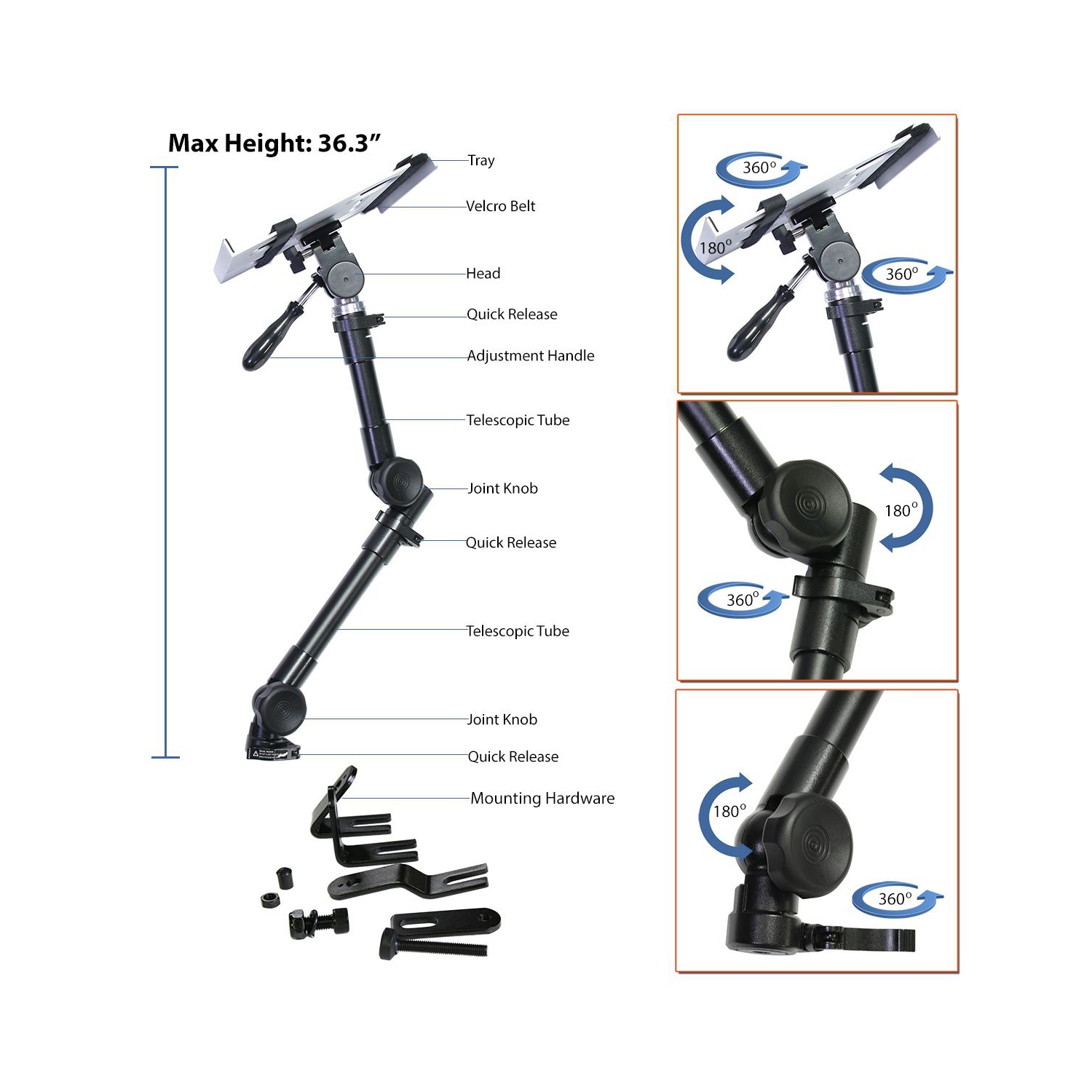 Support pivotant et inclinable universel à un bras de Boost Industries pour portable