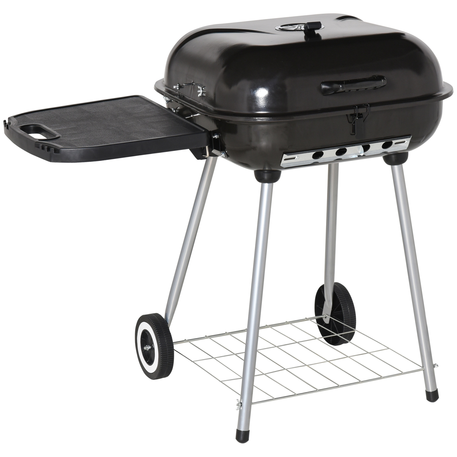 Outsunny Charcoal BBQ Grill with Warming Rack & Storage Side Table, Portable Barbecue Smoker with Lid, Heat Control, Wheels for Outdoor Cooking