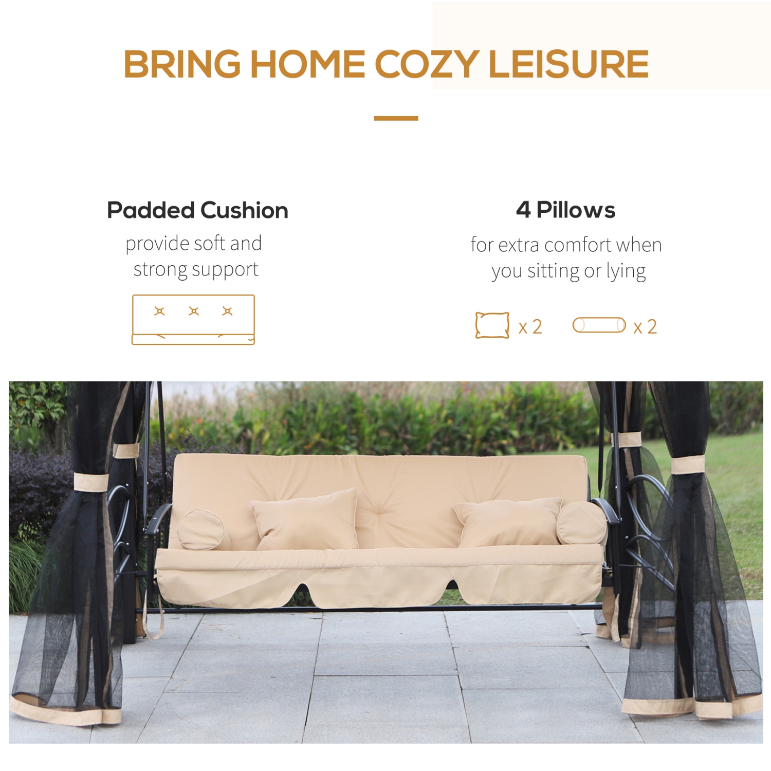 Lit de repos extérieur 3 places Outsunny, fauteuil pivotant 3-en-1 pour abri de jardin Hamac de jardin avec pare-soleil, moustiquaire et filet en