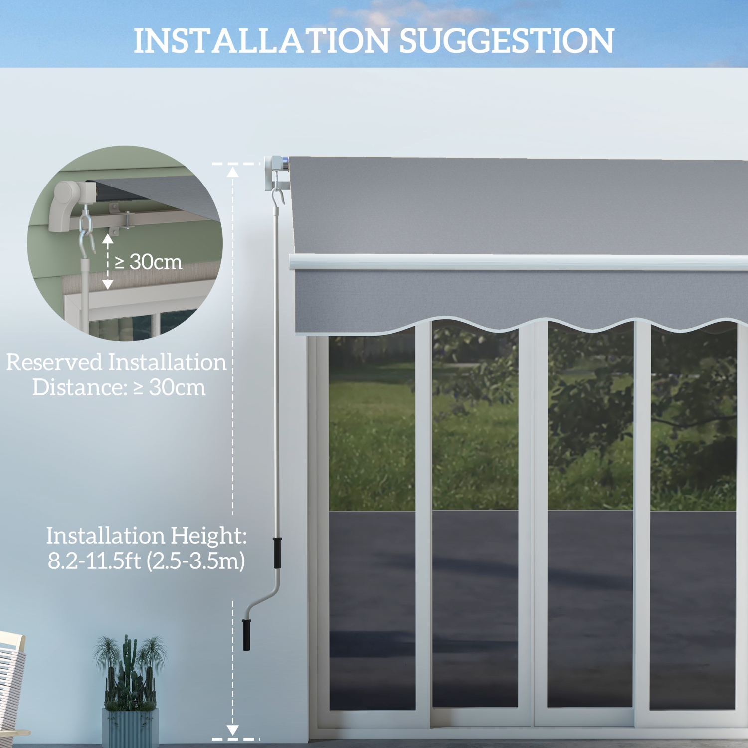 Outsunny 13' x 8' Manual Retractable Patio Awning Sun Shade Outdoor Deck Window Door Canopy Shelter Aluminum Frame Grey