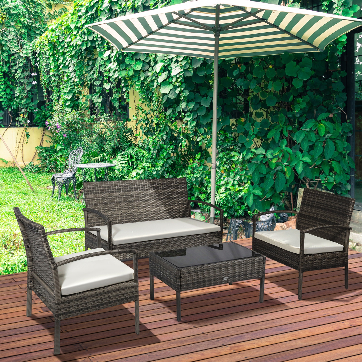 Ensemble de patio Outsunny de 4 pièces avec causeuse, deux fauteuils à accoudoirs et table basse, ensemble de détente extérieur avec table à surface