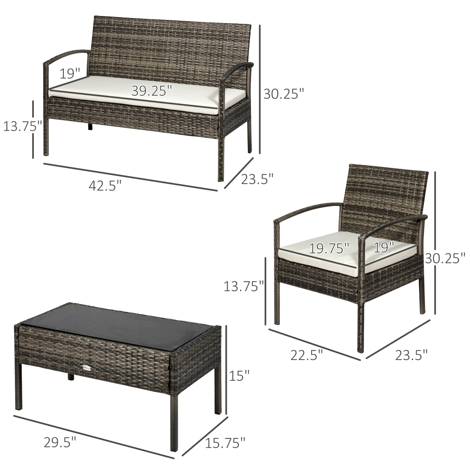 Ensemble de patio Outsunny de 4 pièces avec causeuse, deux fauteuils à accoudoirs et table basse, ensemble de détente extérieur avec table à surface