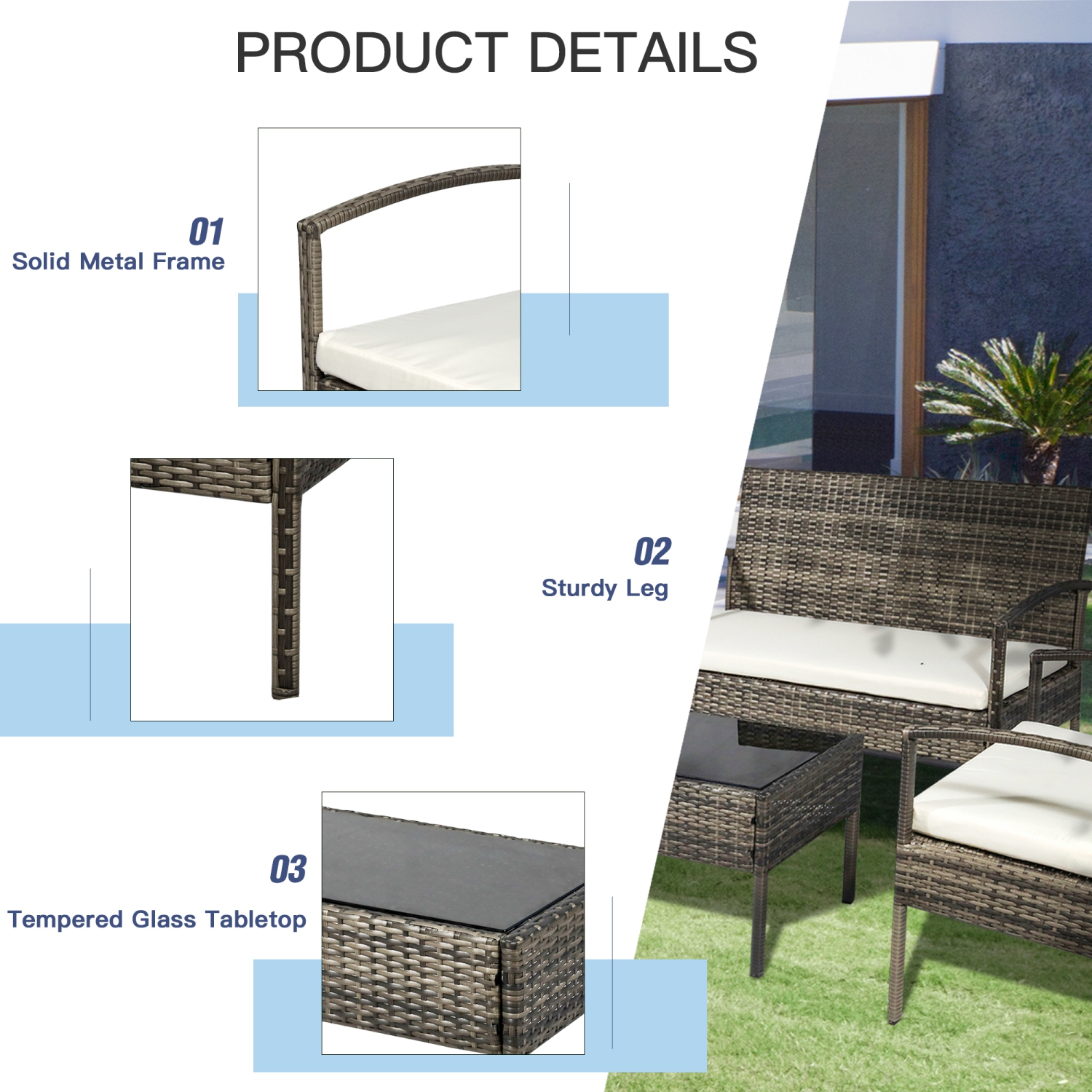 Ensemble de patio Outsunny de 4 pièces avec causeuse, deux fauteuils à accoudoirs et table basse, ensemble de détente extérieur avec table à surface