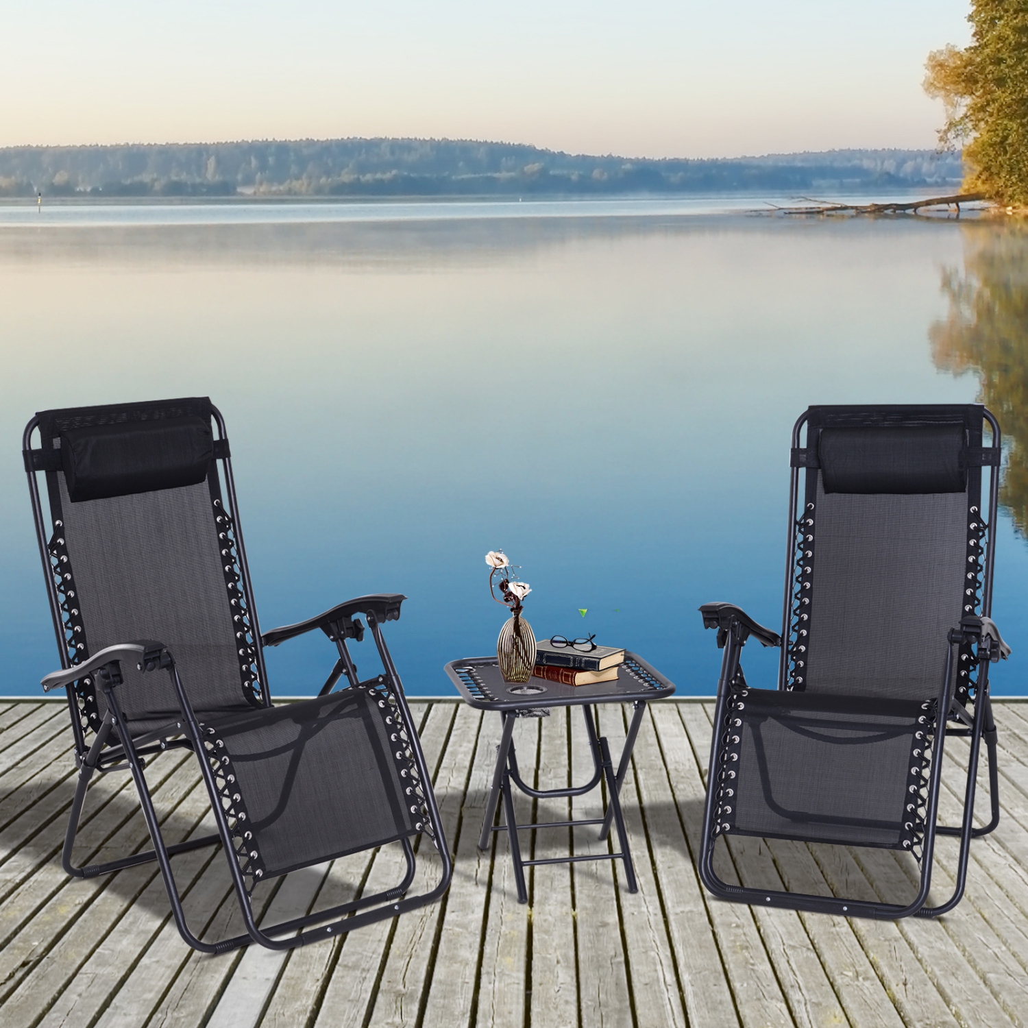 Ensemble de 3 chaises Zero Gravity avec porte-gobelet d’Outsunny - Noir