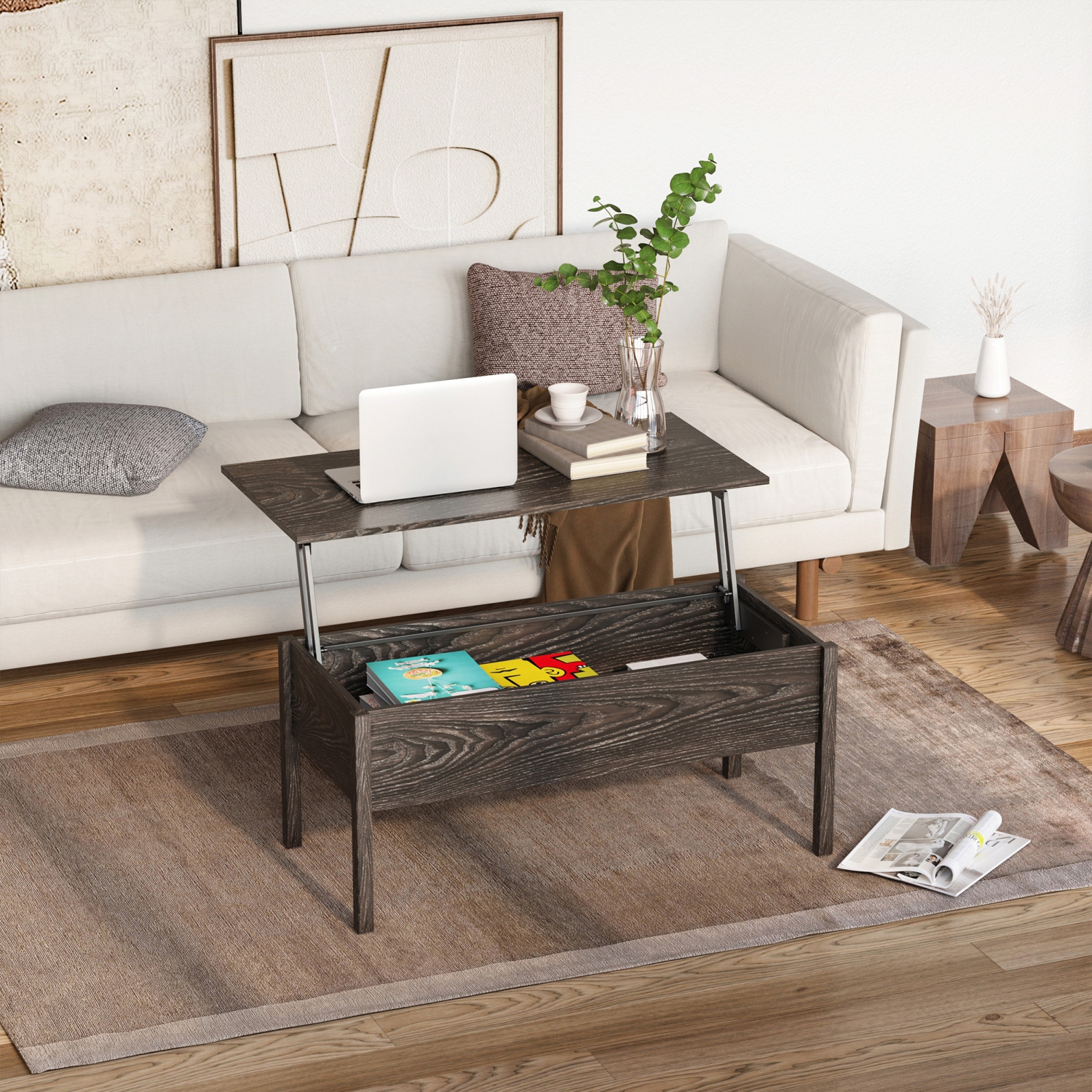 HOMCOM – Table basse à dessus relevable moderne de 39 po avec compartiment de rangement dissimulé, table centrale pour le salon, gris