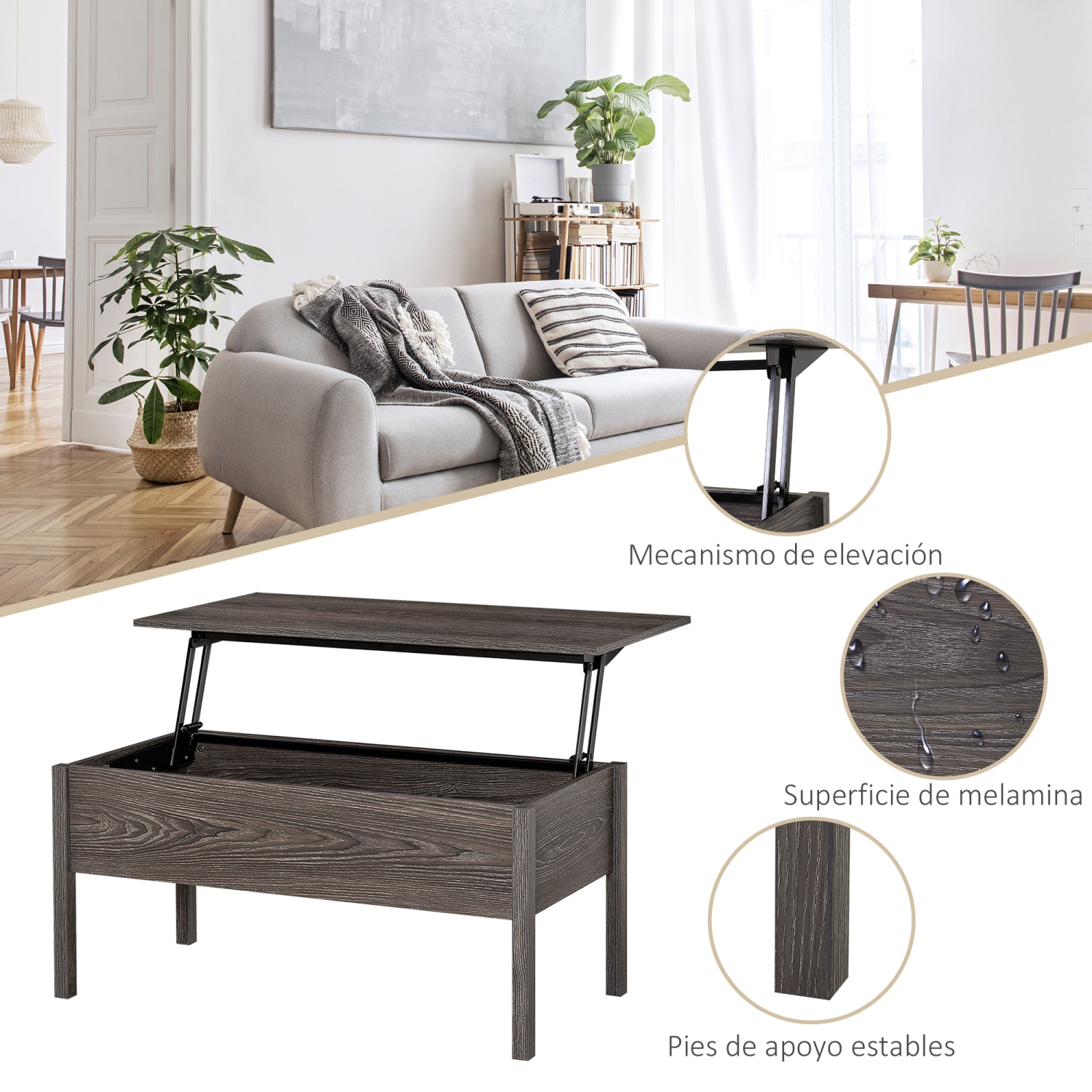 HOMCOM – Table basse à dessus relevable moderne de 39 po avec compartiment de rangement dissimulé, table centrale pour le salon, gris