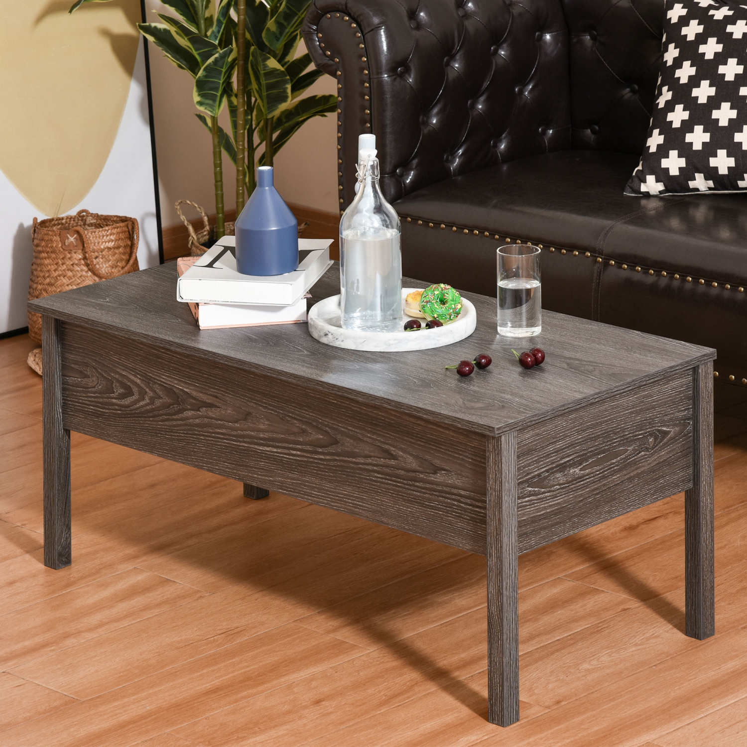 HOMCOM – Table basse à dessus relevable moderne de 39 po avec compartiment de rangement dissimulé, table centrale pour le salon, gris