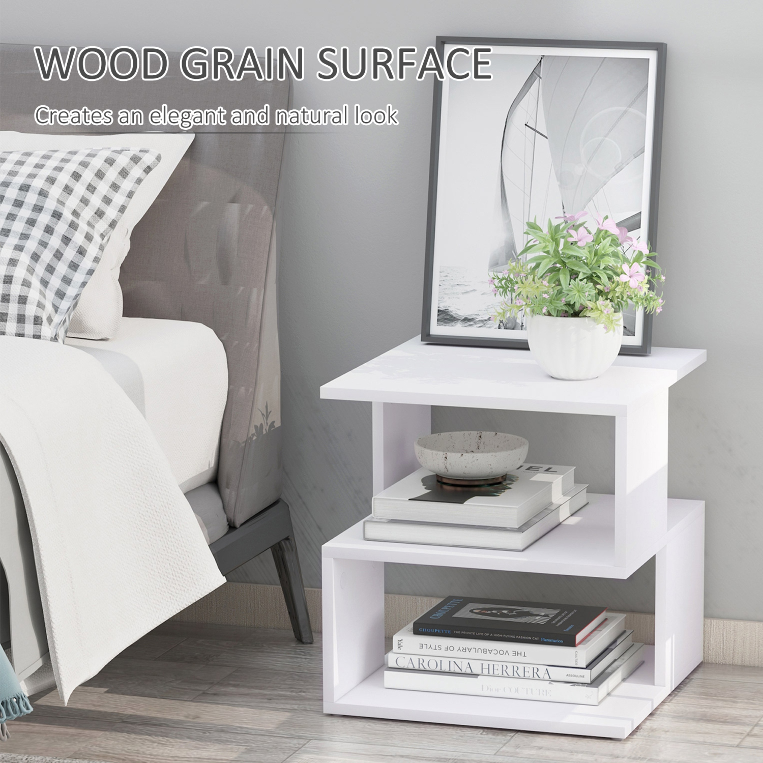 HOMCOM Side Table with Storage, Small End Table with 3-Tier Shelf, Square Coffee Table for Living Room, Bedroom, White