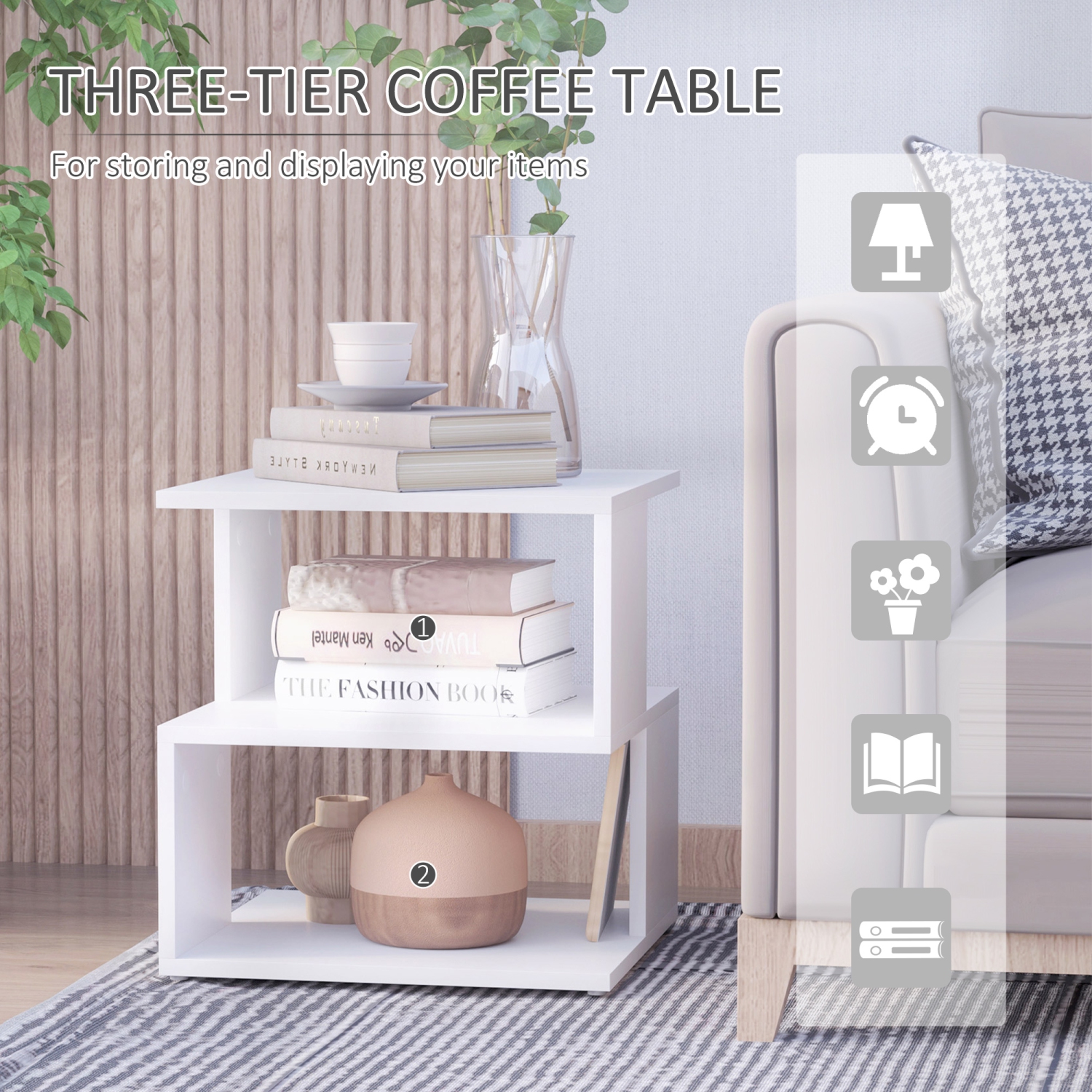 HOMCOM Side Table with Storage, Small End Table with 3-Tier Shelf, Square Coffee Table for Living Room, Bedroom, White