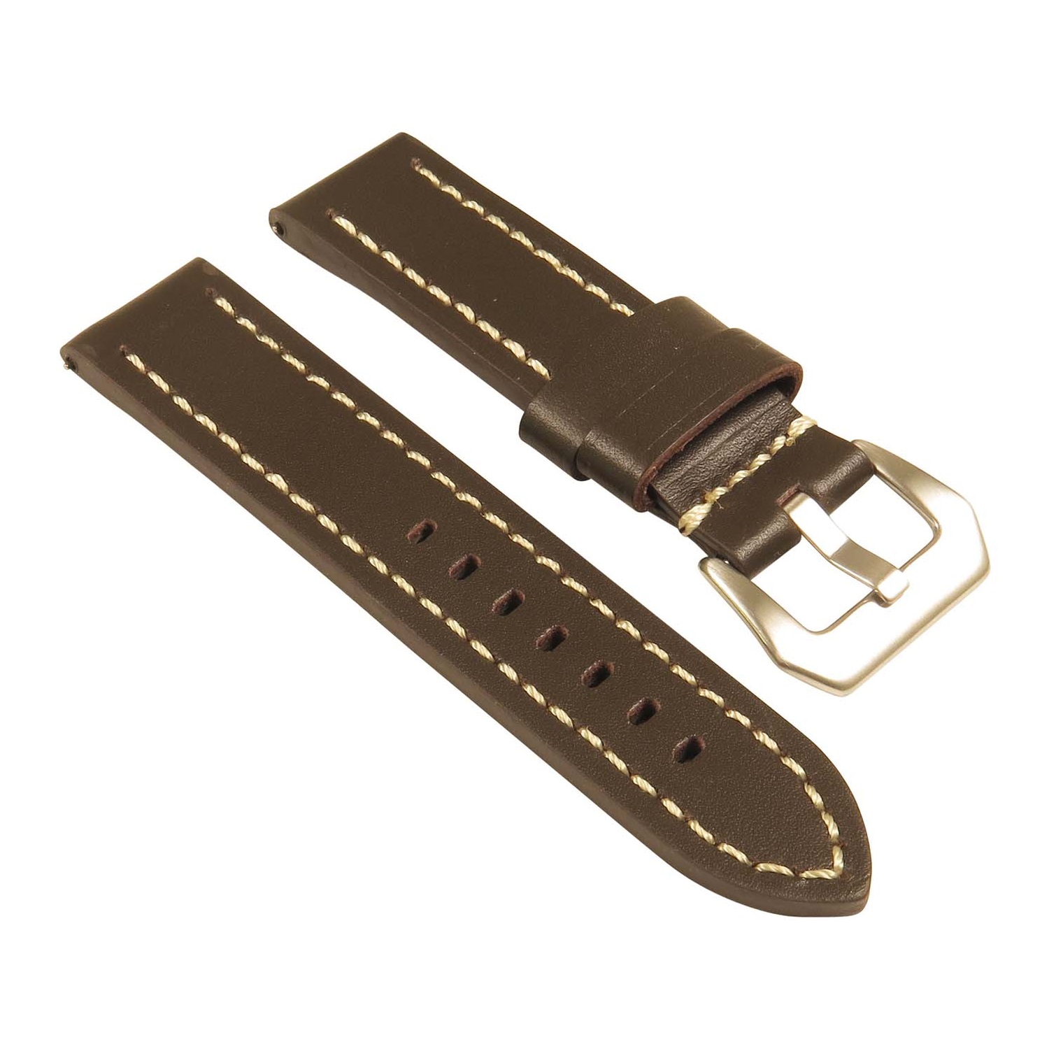 StrapsCo Heavy Duty Men's Leather Watch Band w/ Stitching - Quick Release Strap - 26mm Brown & White