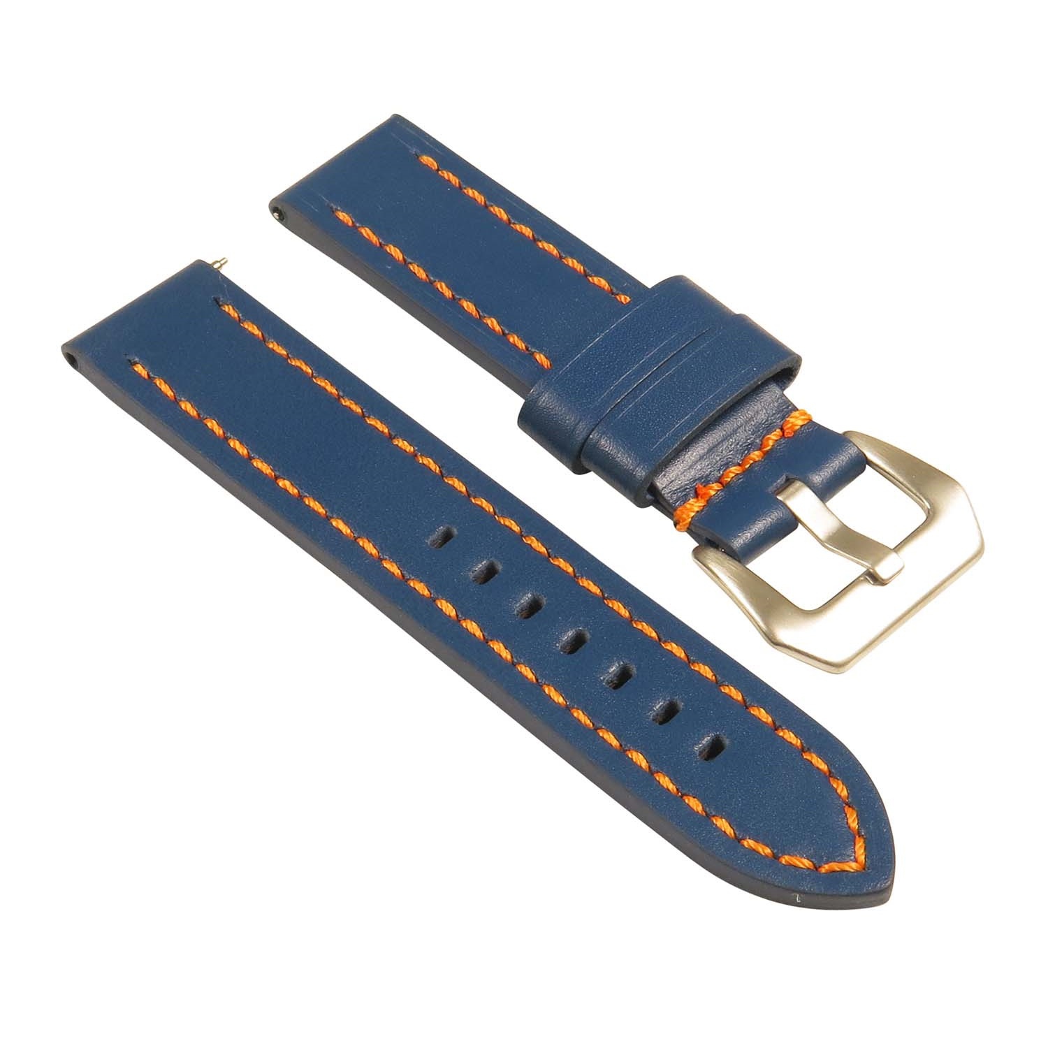 StrapsCo Heavy Duty Men's Leather Watch Band w/ Stitching - Quick Release Strap - 26mm Blue & Orange