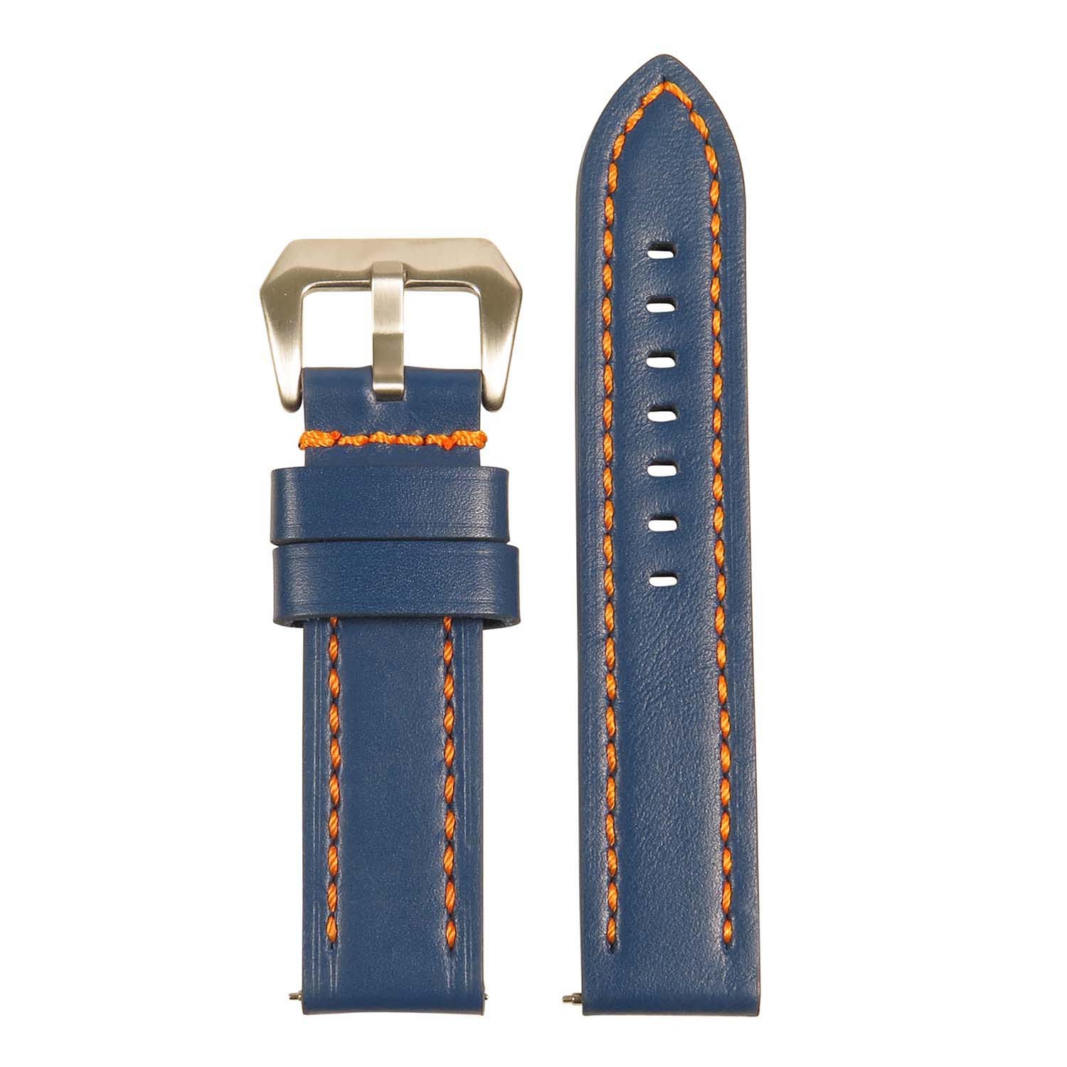 StrapsCo Heavy Duty Men's Leather Watch Band w/ Stitching - Quick Release Strap - 26mm Blue & Orange