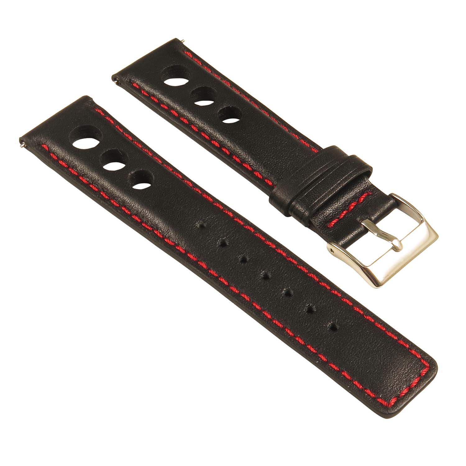StrapsCo GT Rally Holes Racing Leather Watch Band - Quick Release Strap - 20mm Black & Red