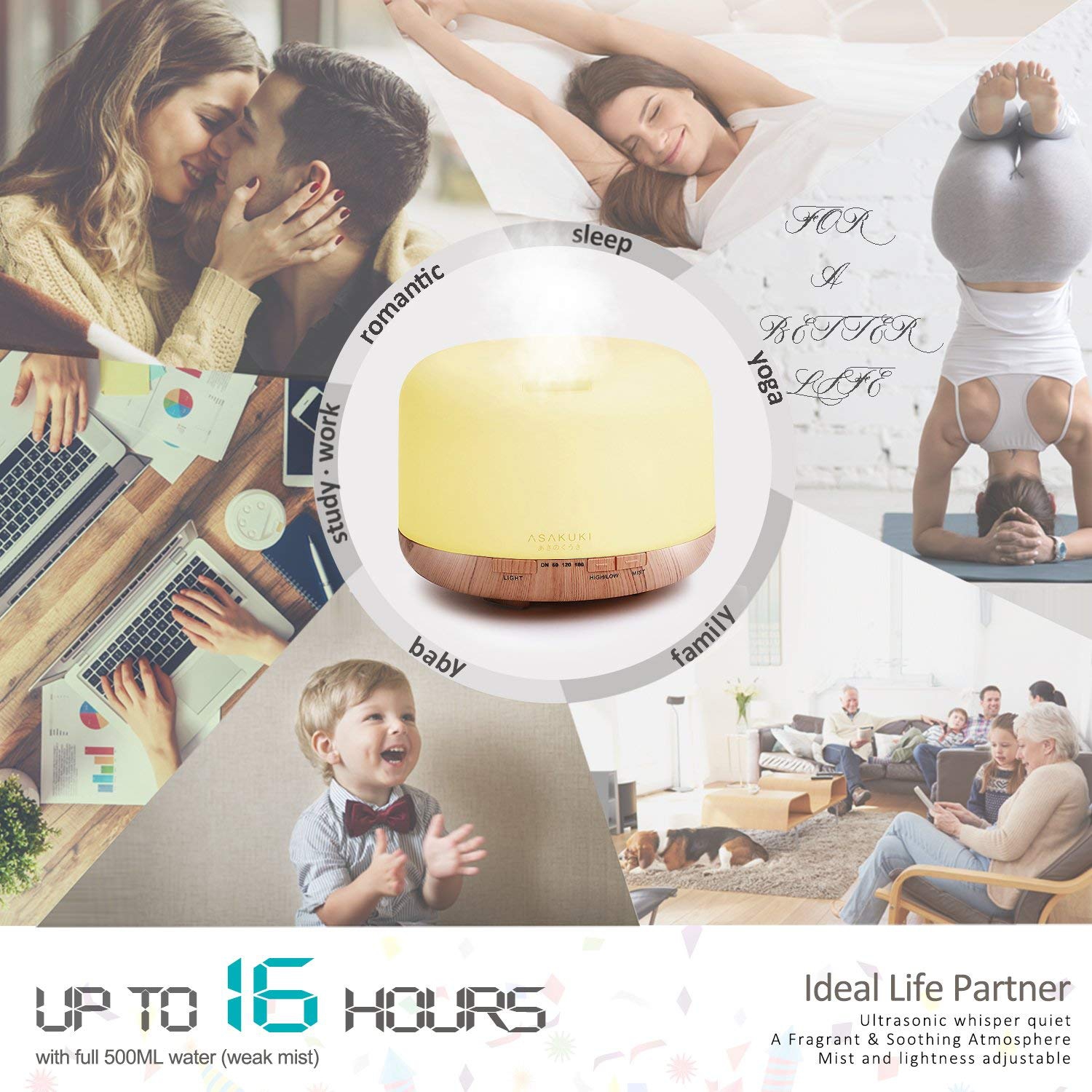 Diffuseur d’huile essentielle de 500 ml, humidificateur à huile parfumée 5-en-1, minuterie et interrupteur d’arrêt automatique, 7 couleurs de lumière