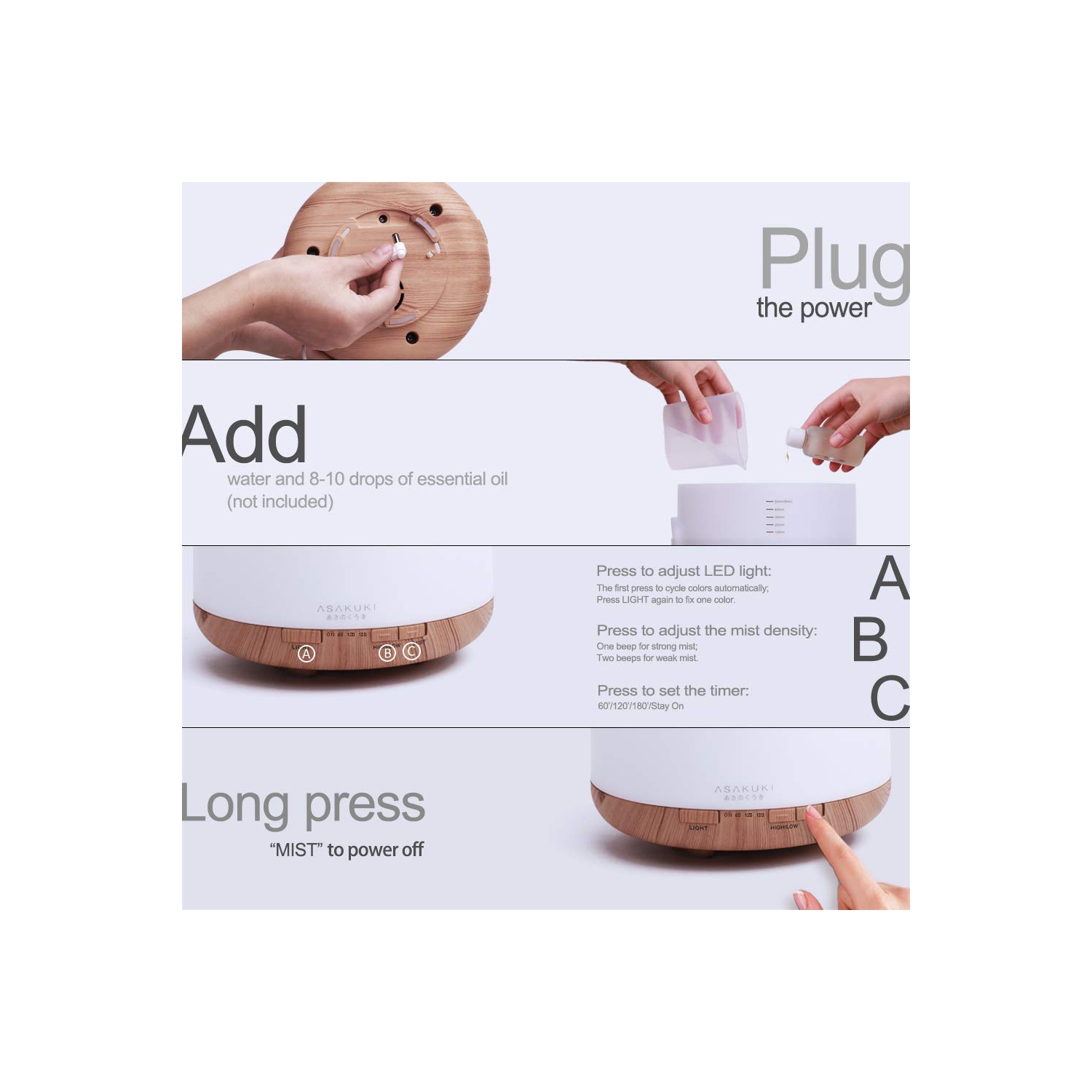 Diffuseur d’huile essentielle de 500 ml, humidificateur à huile parfumée 5-en-1, minuterie et interrupteur d’arrêt automatique, 7 couleurs de lumière