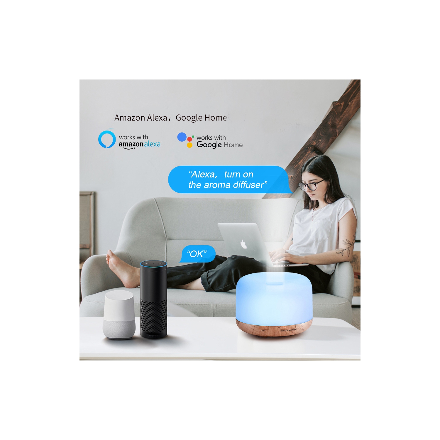 navor Smart Wi-Fi Essential Oil Diffuser Compatible with Alexa & Google Home, 500ml Wood Grain Aromatherapy Diffuser Ultrasonic Humidifier with 6