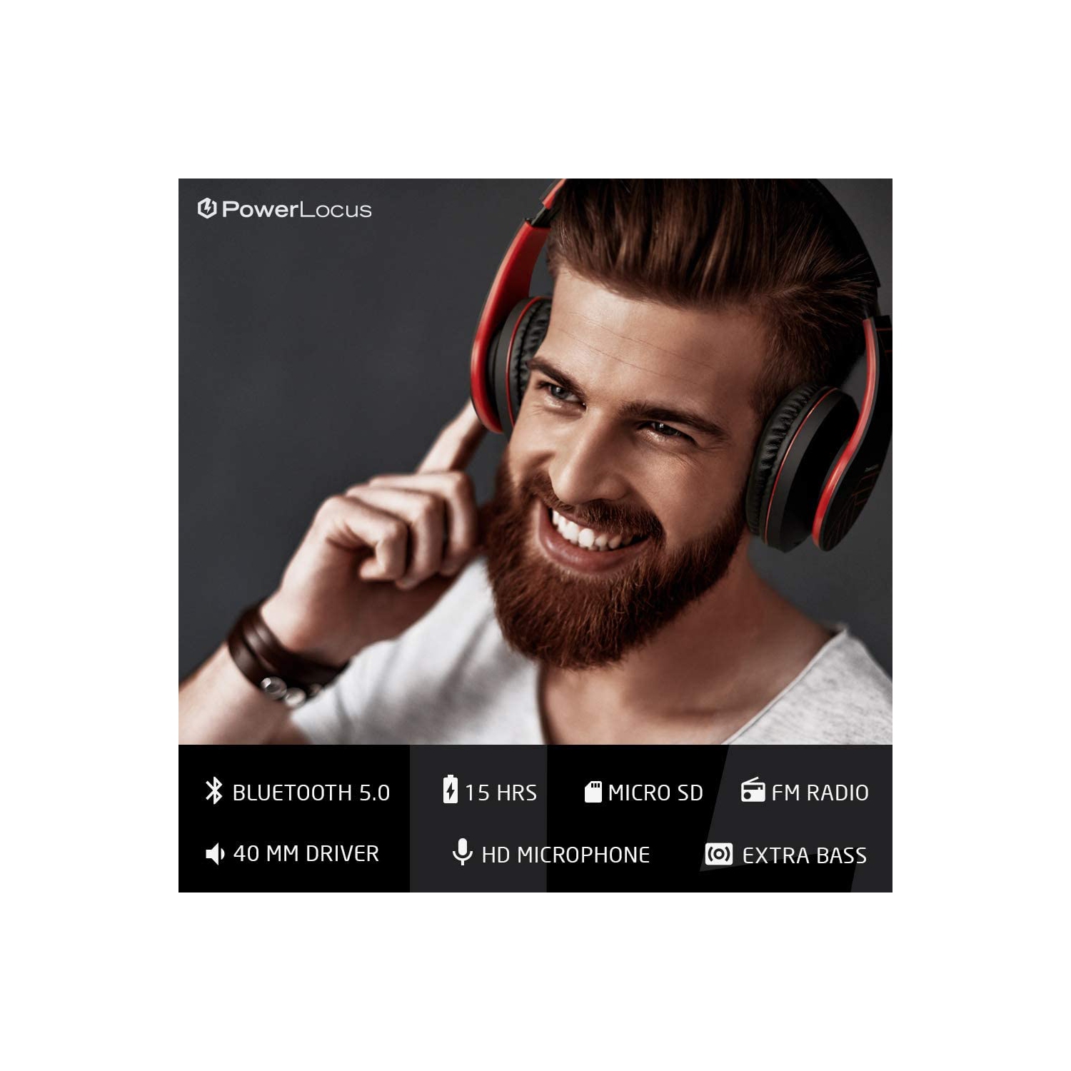 Casque d'écoute Bluetooth PowerLocus, casque d'écoute stéréo sans fil pliable et casque d'écoute avec fil avec micro intégré, micro SD/TF, FM pour