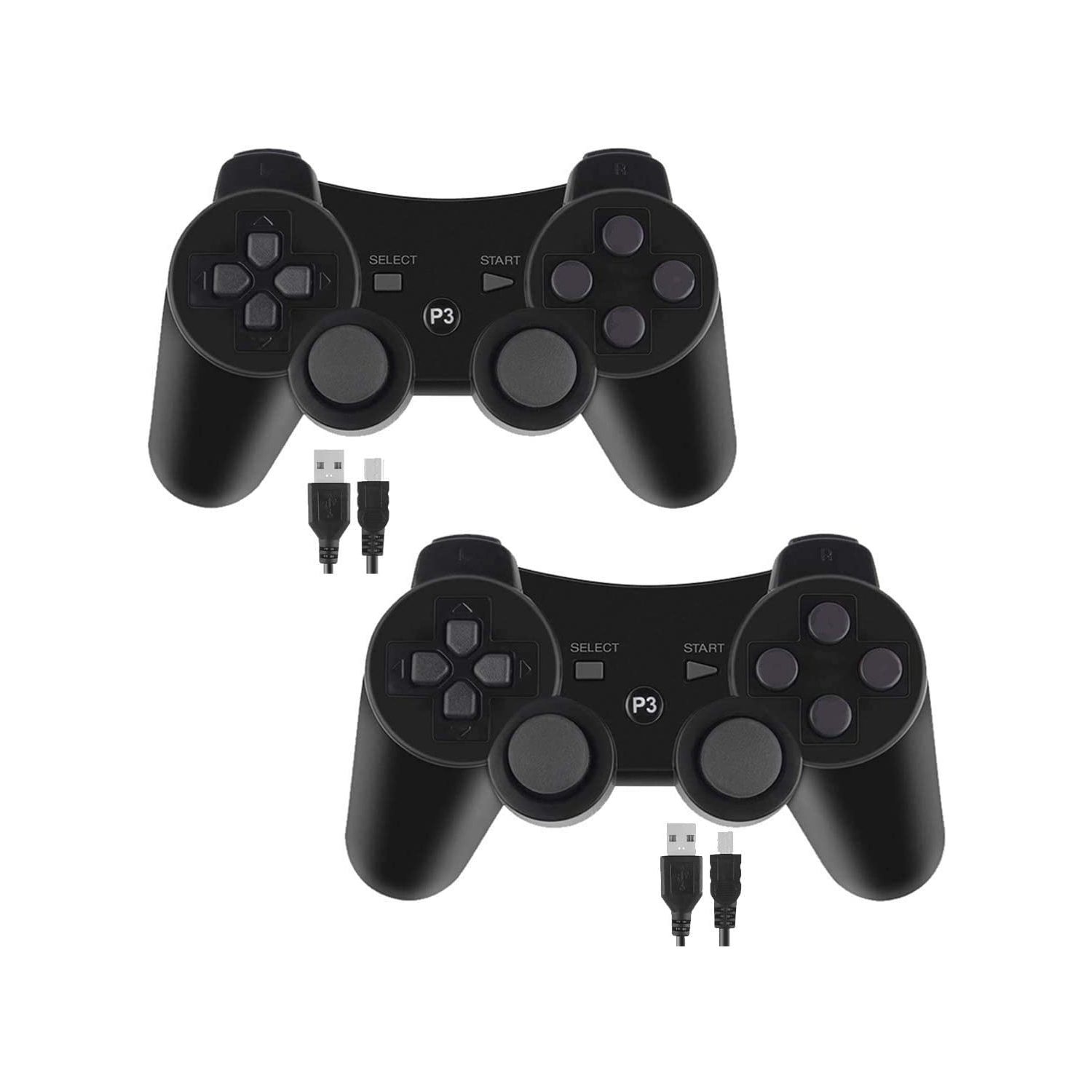 navor 2 Pack Generic 6-Axis Gamepad Controllers Compatible with Playstation 3 - with 2 pcs Charging Cables (Black)