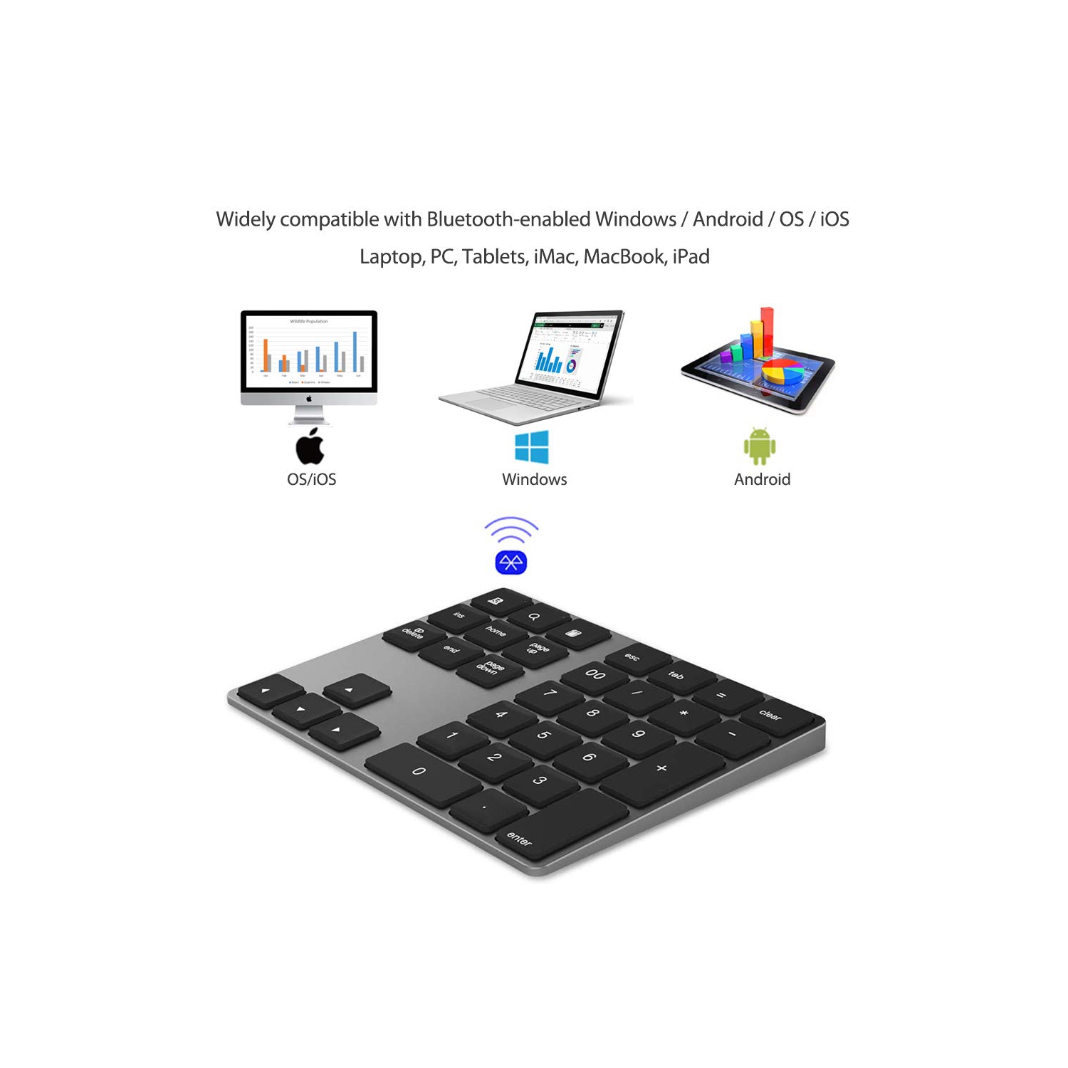 Rechargeable Bluetooth Numeric Keypad – Portable Slim 34-Key Wireless Pad Compatible with PC Android iOS Tablets MacBook