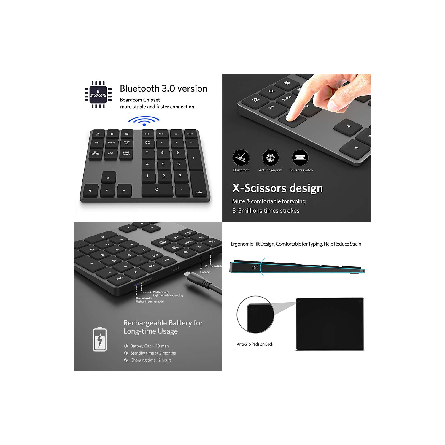 Rechargeable Bluetooth Numeric Keypad – Portable Slim 34-Key Wireless Pad Compatible with PC Android iOS Tablets MacBook