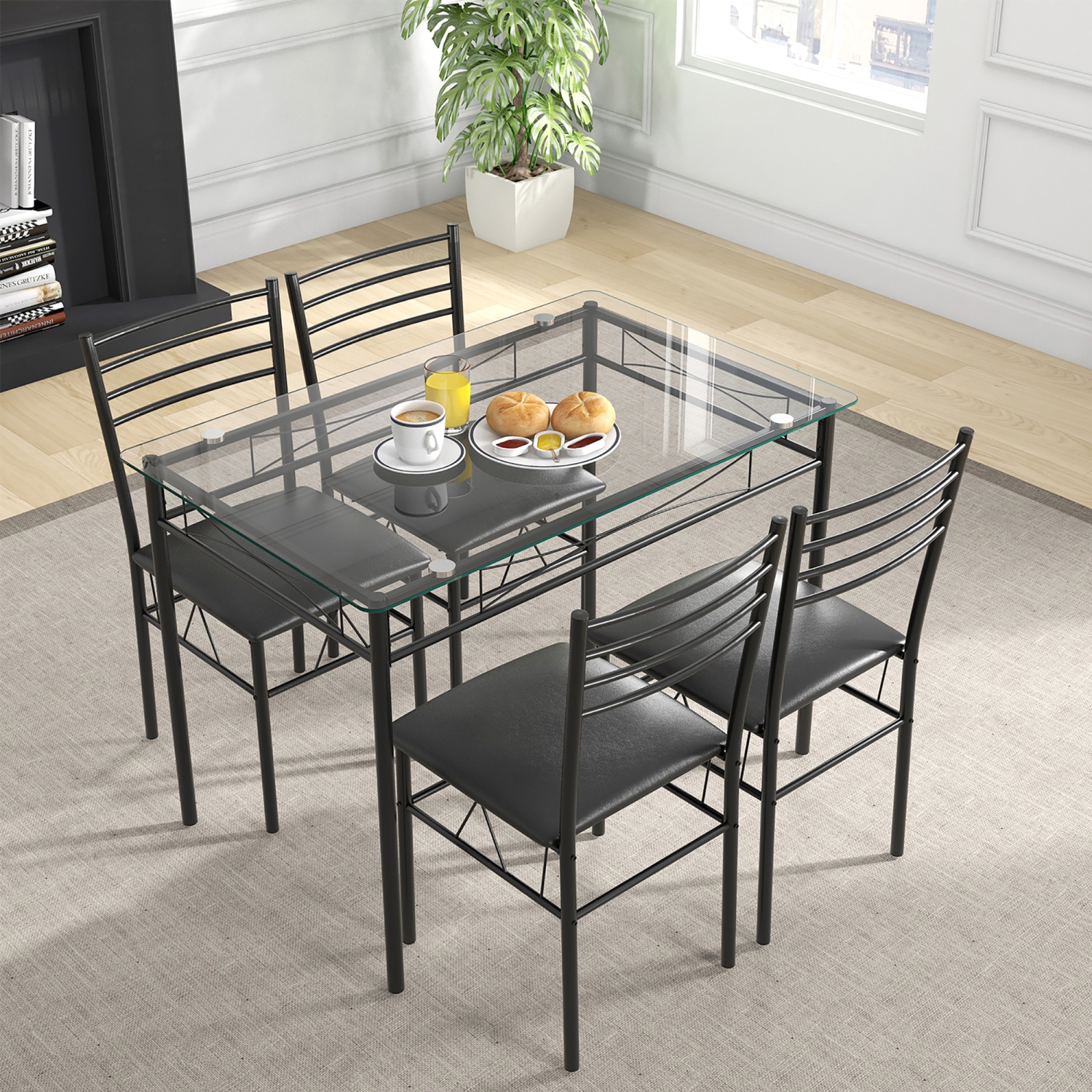 Gymax 5 PC Dining Set Glass Top Table and 4 Chairs Kitchen Room Furniture