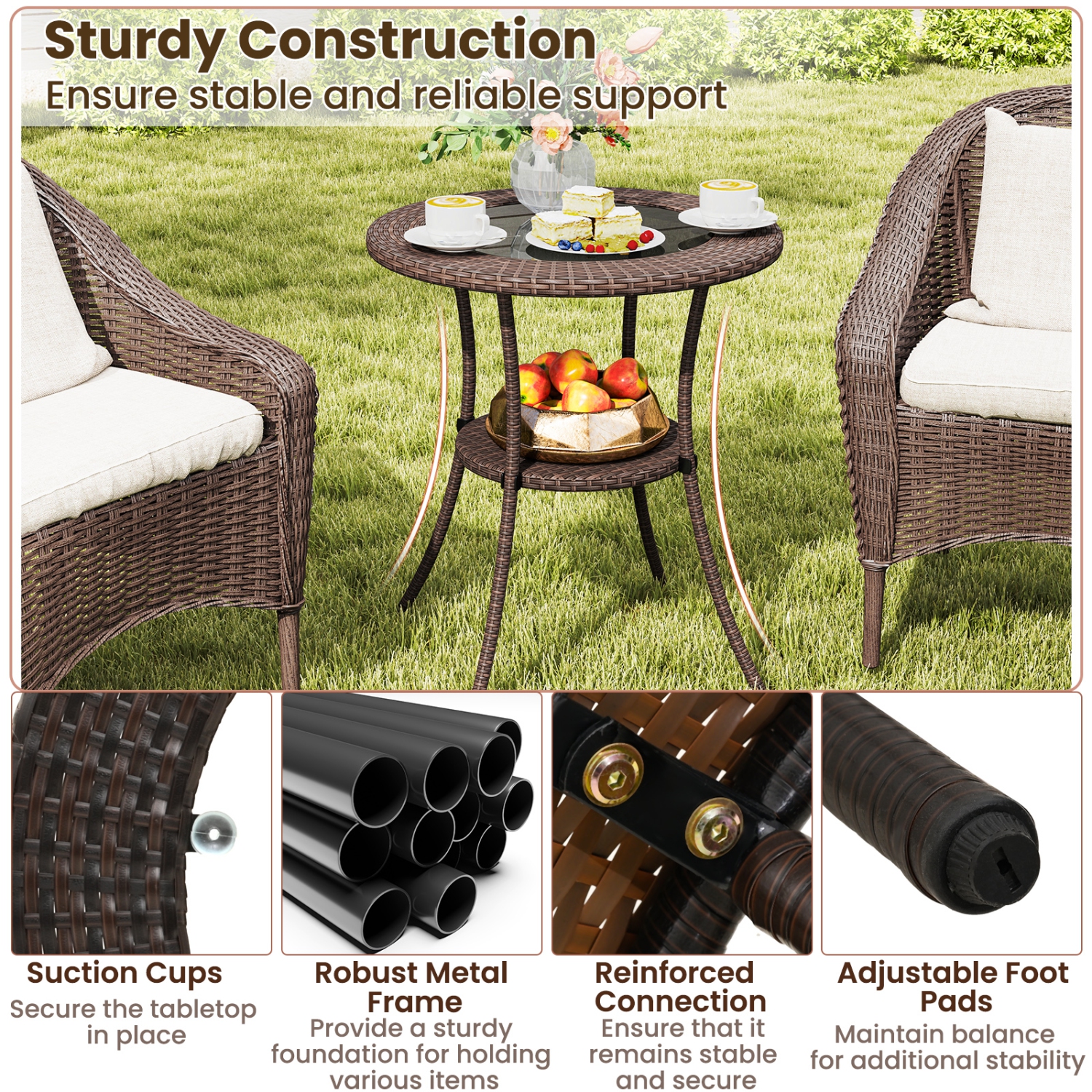 Gymax 25.5'' PE Wicker Patio Bistro Table Round Coffee Table w/ Tempered Glass Top Outdoor