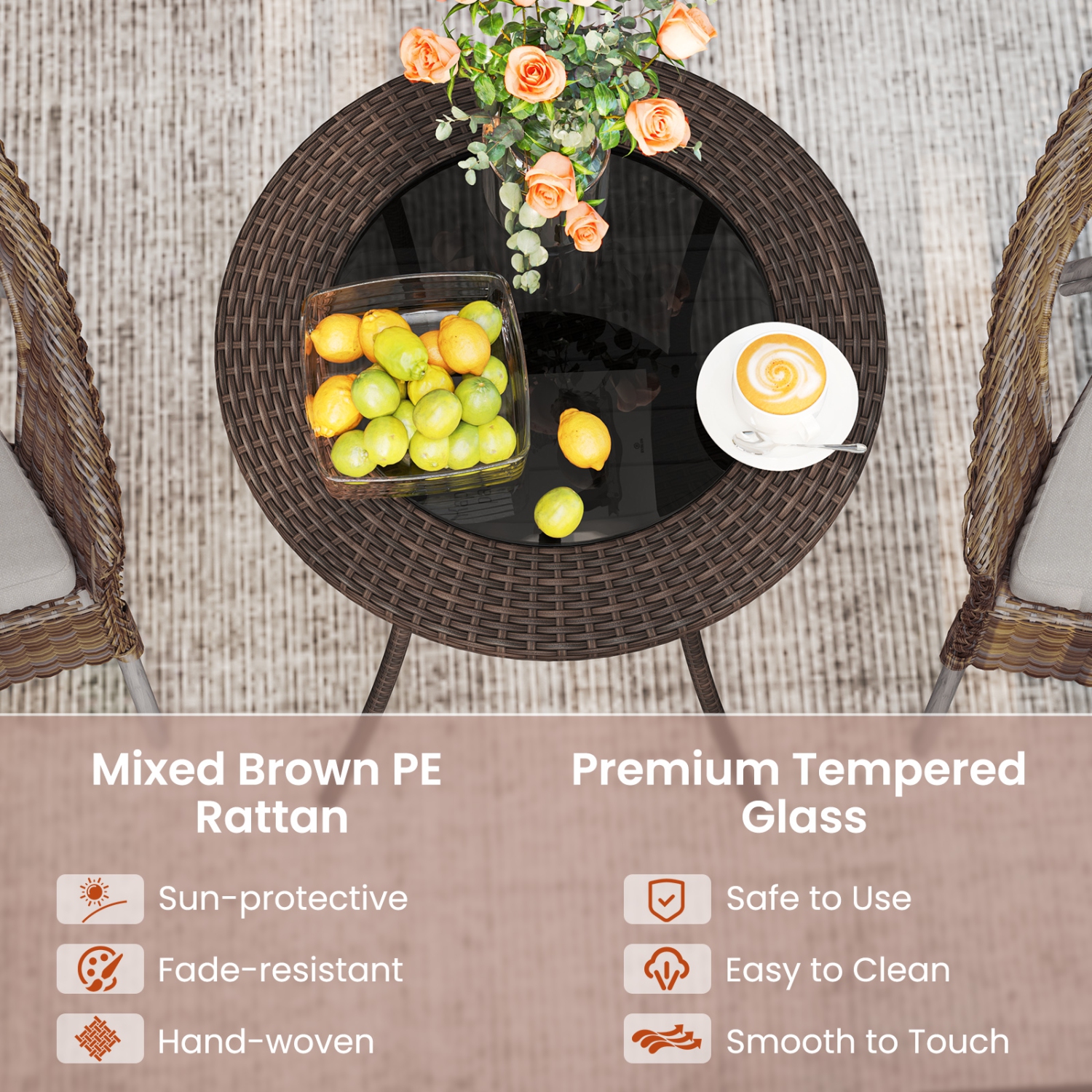 Gymax 25.5'' PE Wicker Patio Bistro Table Round Coffee Table w/ Tempered Glass Top Outdoor