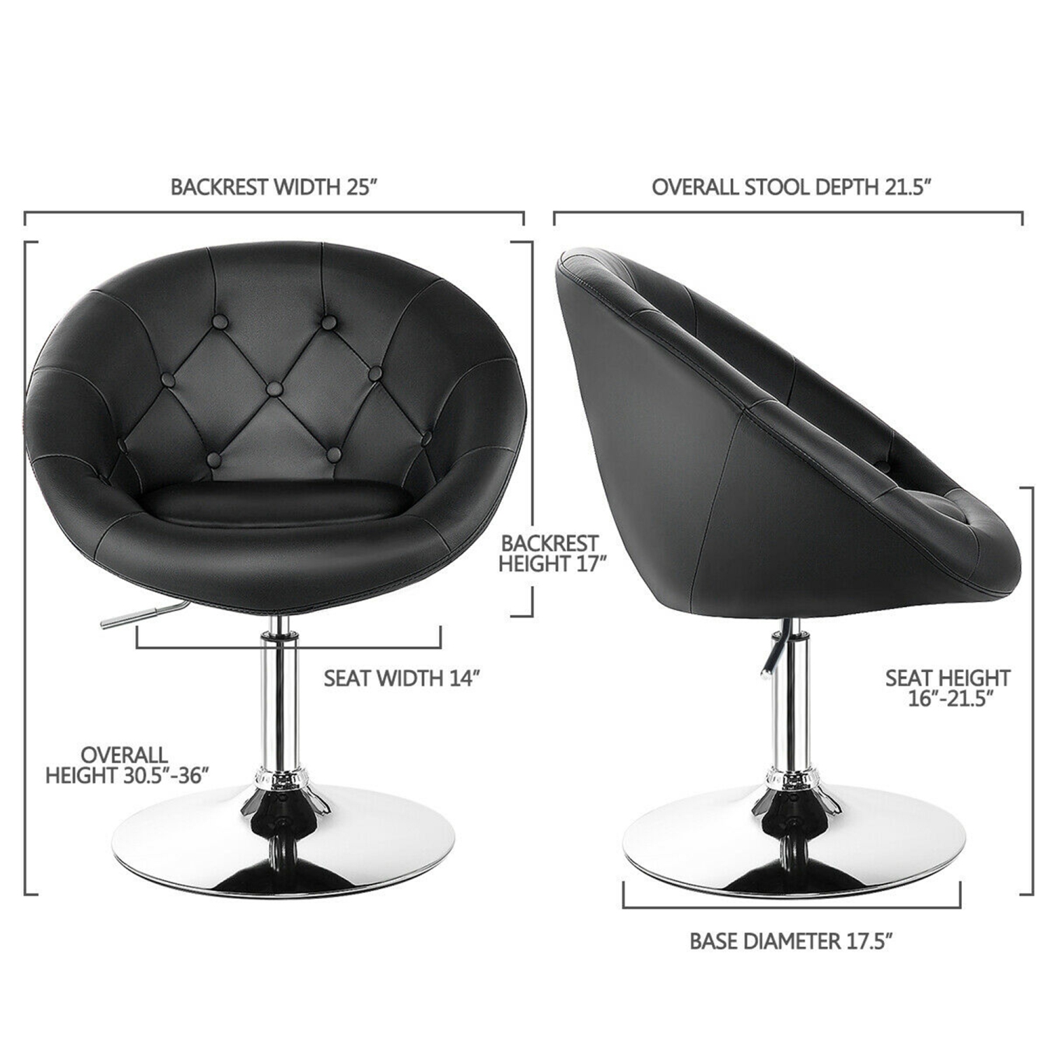 Gymax PU Leather Adjustable Modern Chair Swivel Round Tufted Back Black