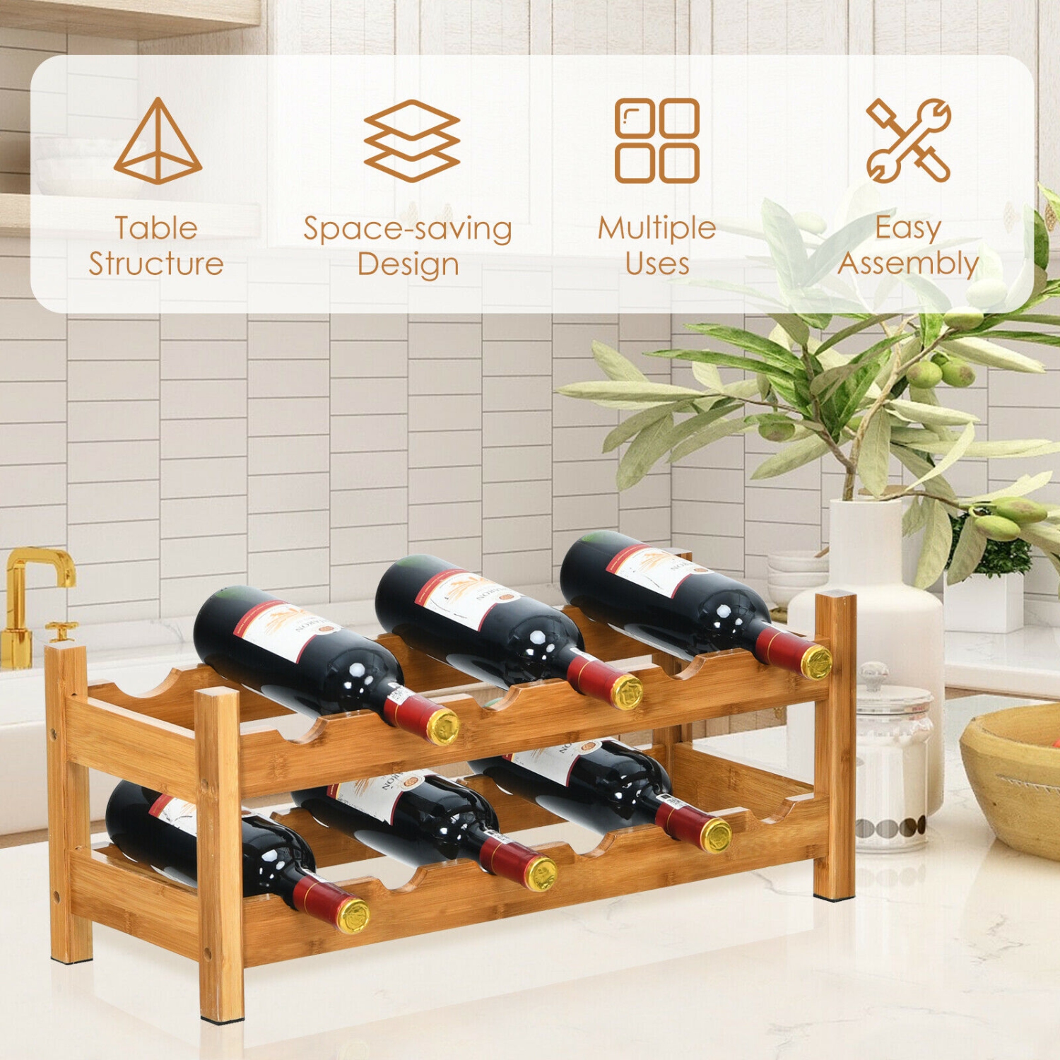Gymax 2-Tier Bamboo Wine Rack 12 Bottles Display Storage Shelf Holder Kitchen Natural