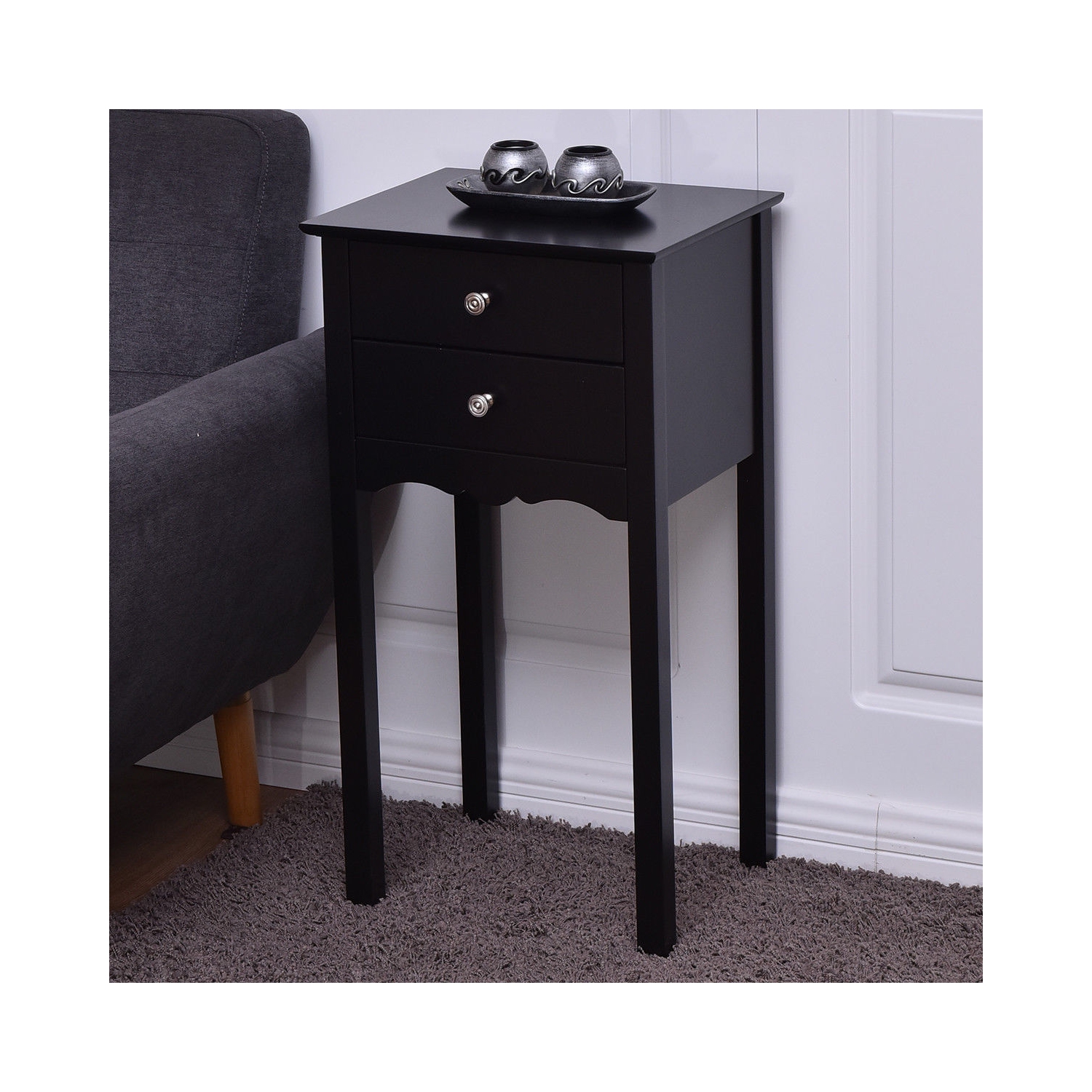 Gymax 2 PCS Side Table End Accent Table Night Stand W/ 2 Drawers Black