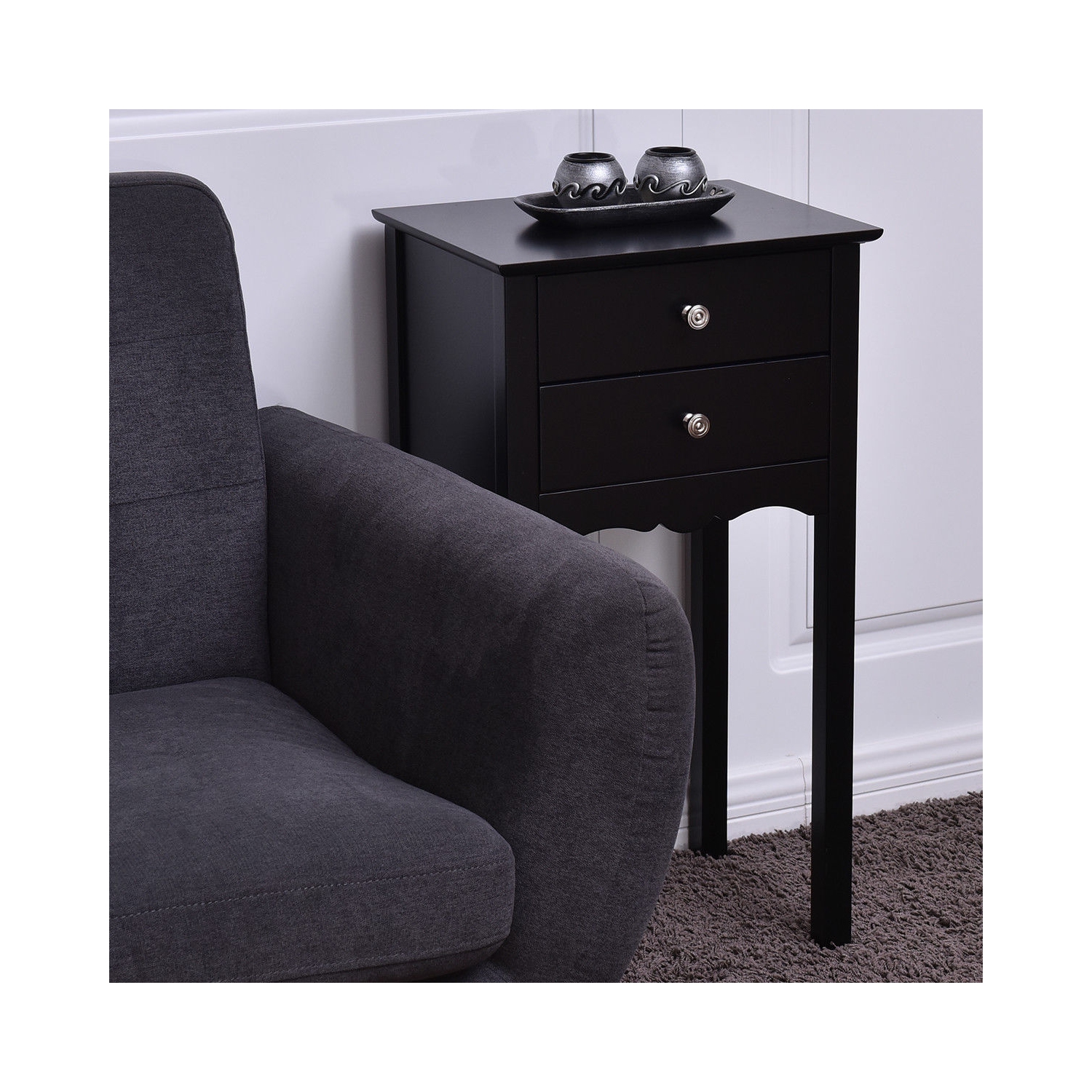 Gymax 2 PCS Side Table End Accent Table Night Stand W/ 2 Drawers Black