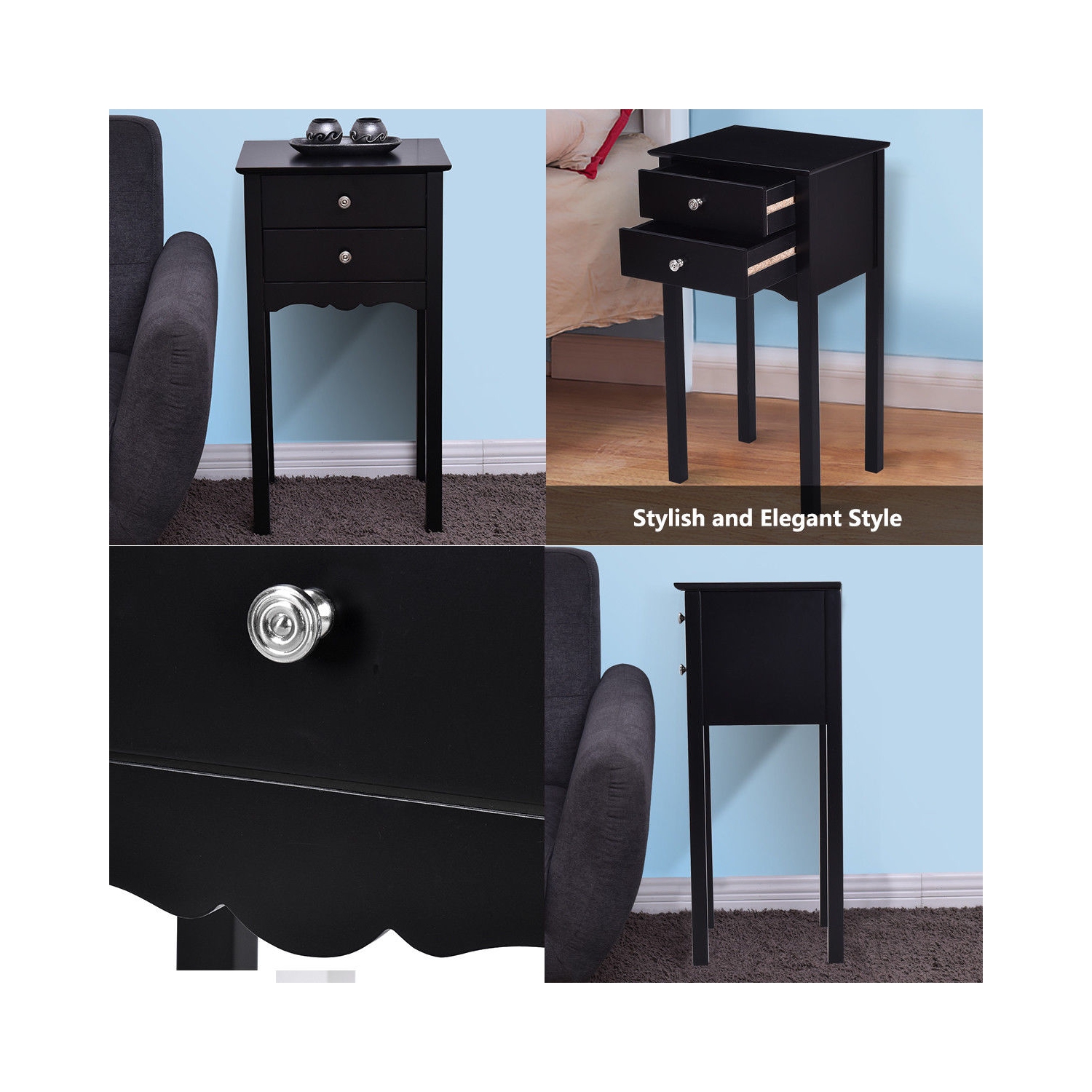 Gymax Side Table End Accent Table Night Stand W/ 2 Drawers Furniture Black