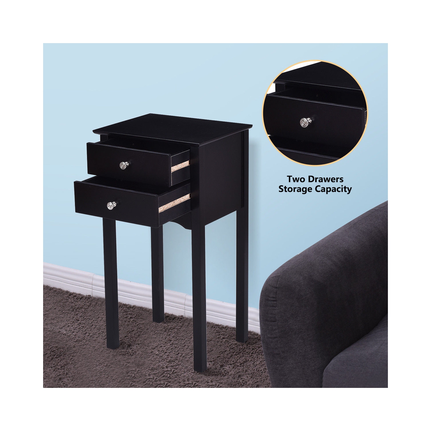 Gymax Side Table End Accent Table Night Stand W/ 2 Drawers Furniture Black