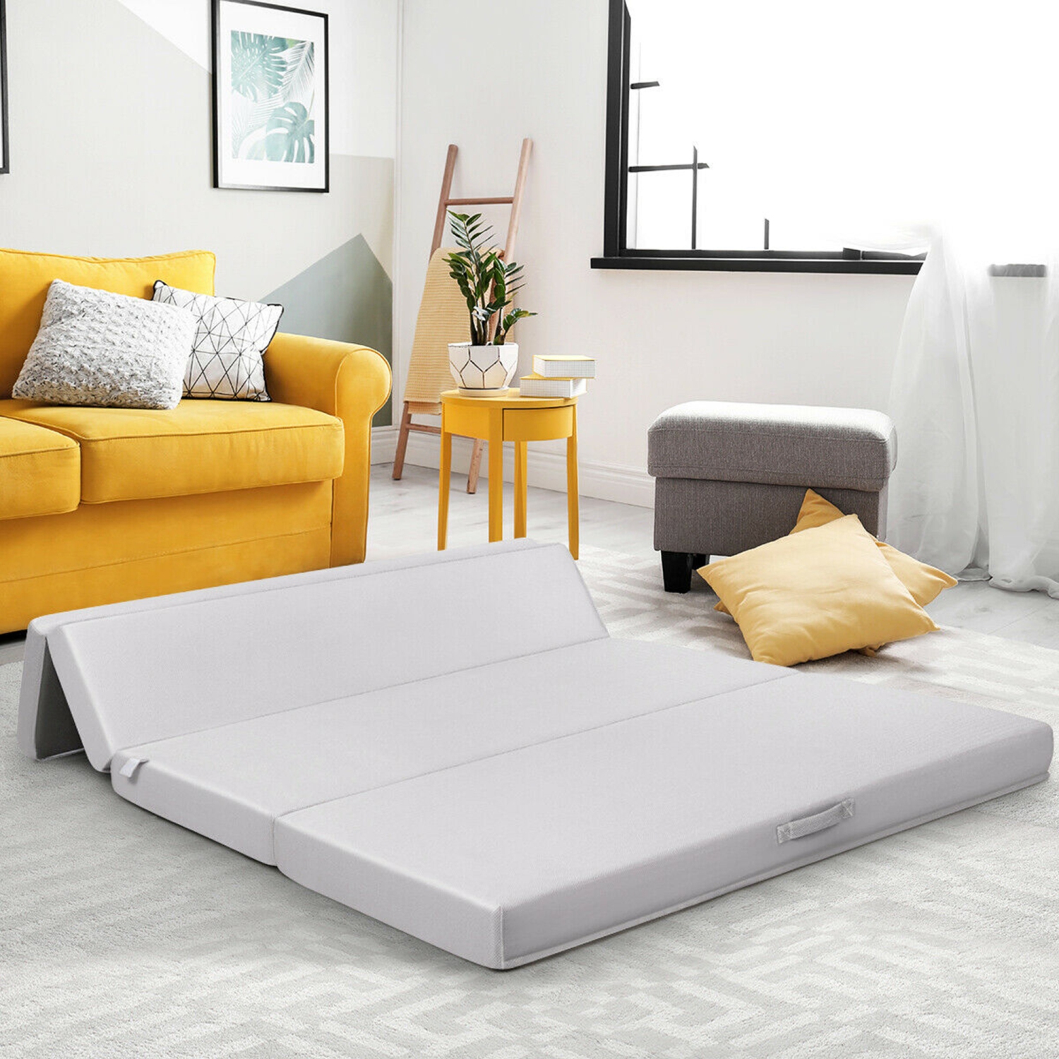 Gymax 4'' Queen Size Foam Folding Mattress Sofa Bed Guests Floor Mat Carrying Handles