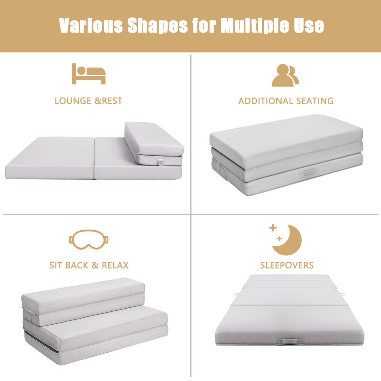 Gymax 4'' Twin XL Size Foam Folding Mattress Sofa Bed Guests Floor Mat Carrying Handles