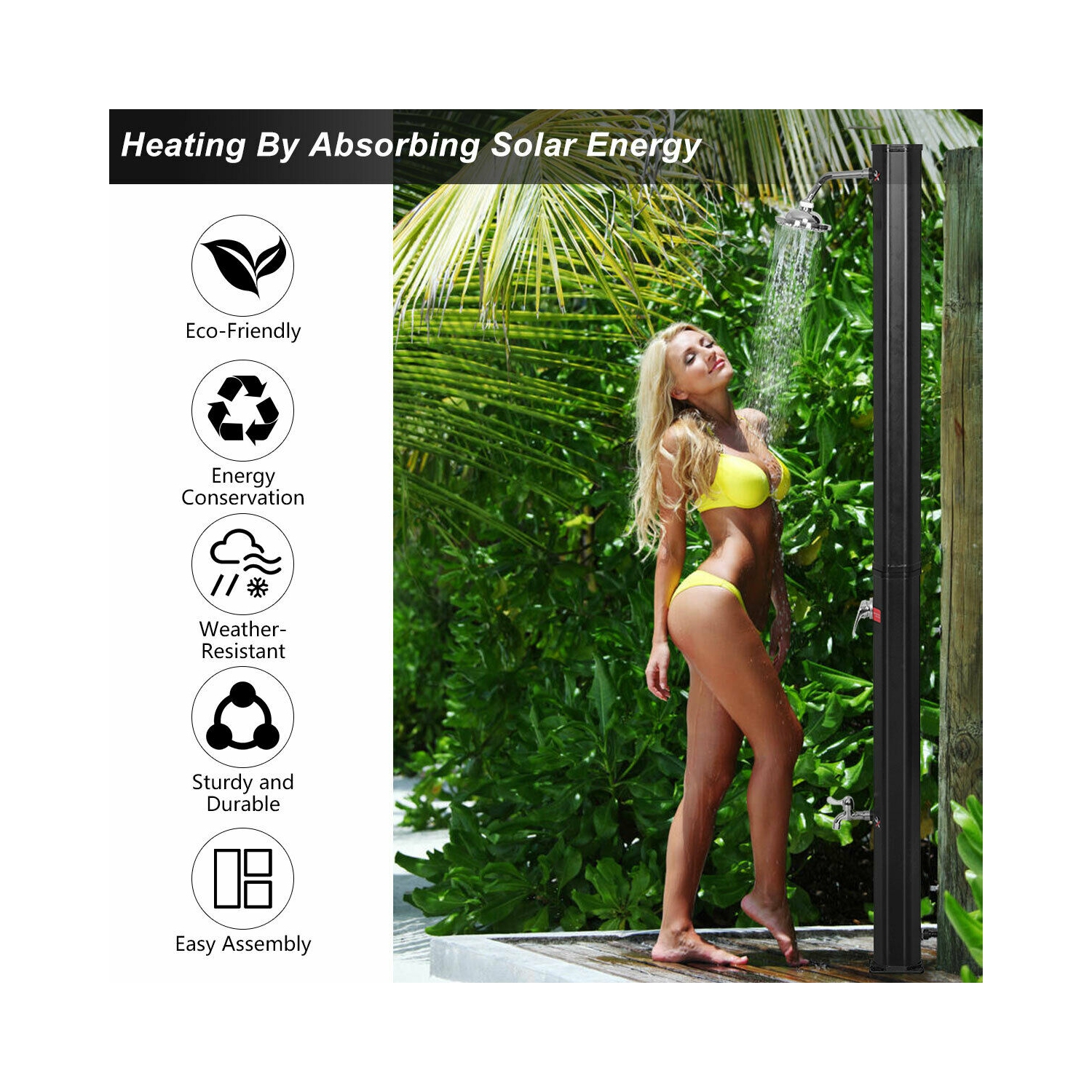 Douche solaire à économie d’énergie, 35L, eau chaude/froide, piscine/jardin, d plage etc., installation facile, noir, 220cm