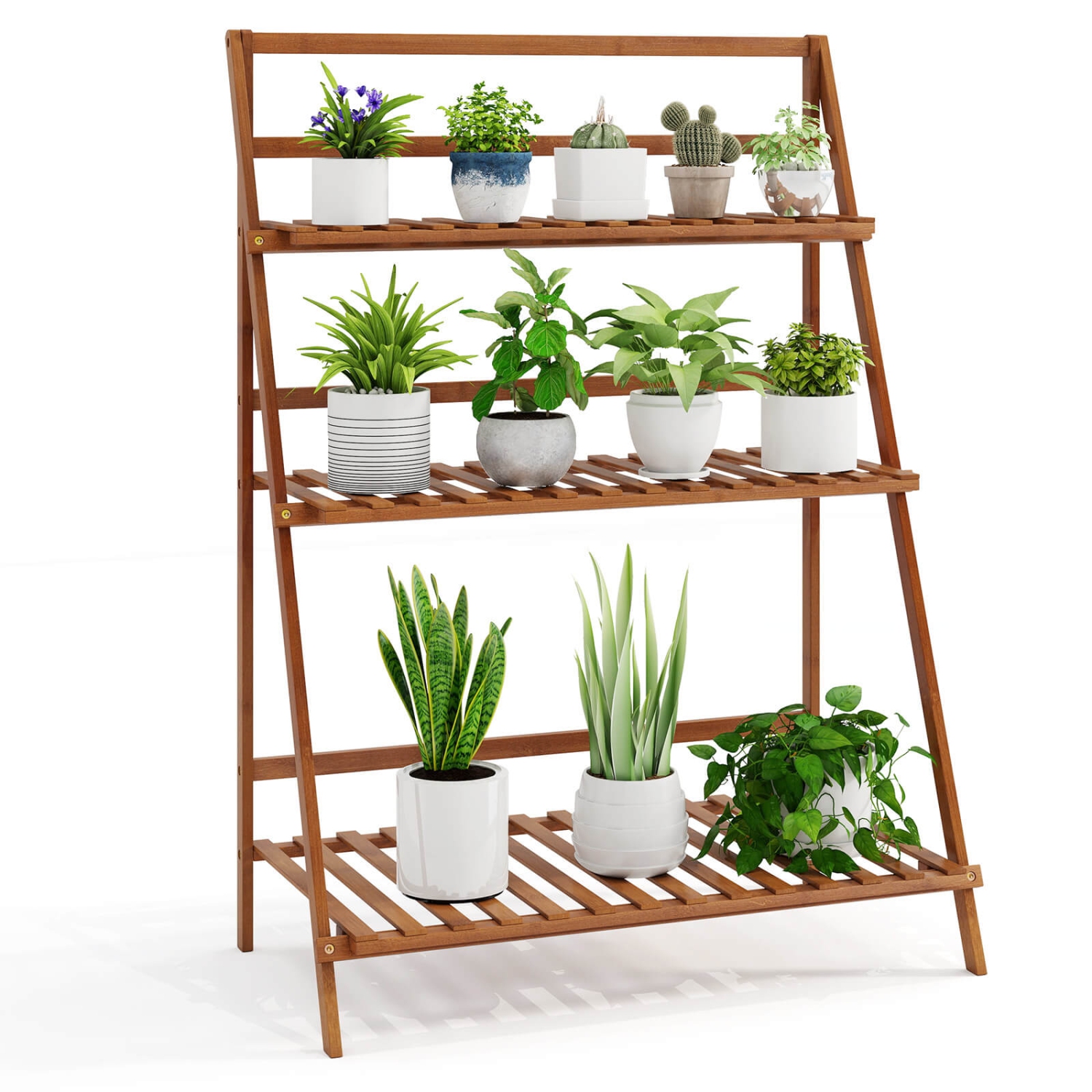 Costway 3 Tier Folding Shelf Stand Bamboo Flower Pot Display Rack Bookcase Organizer
