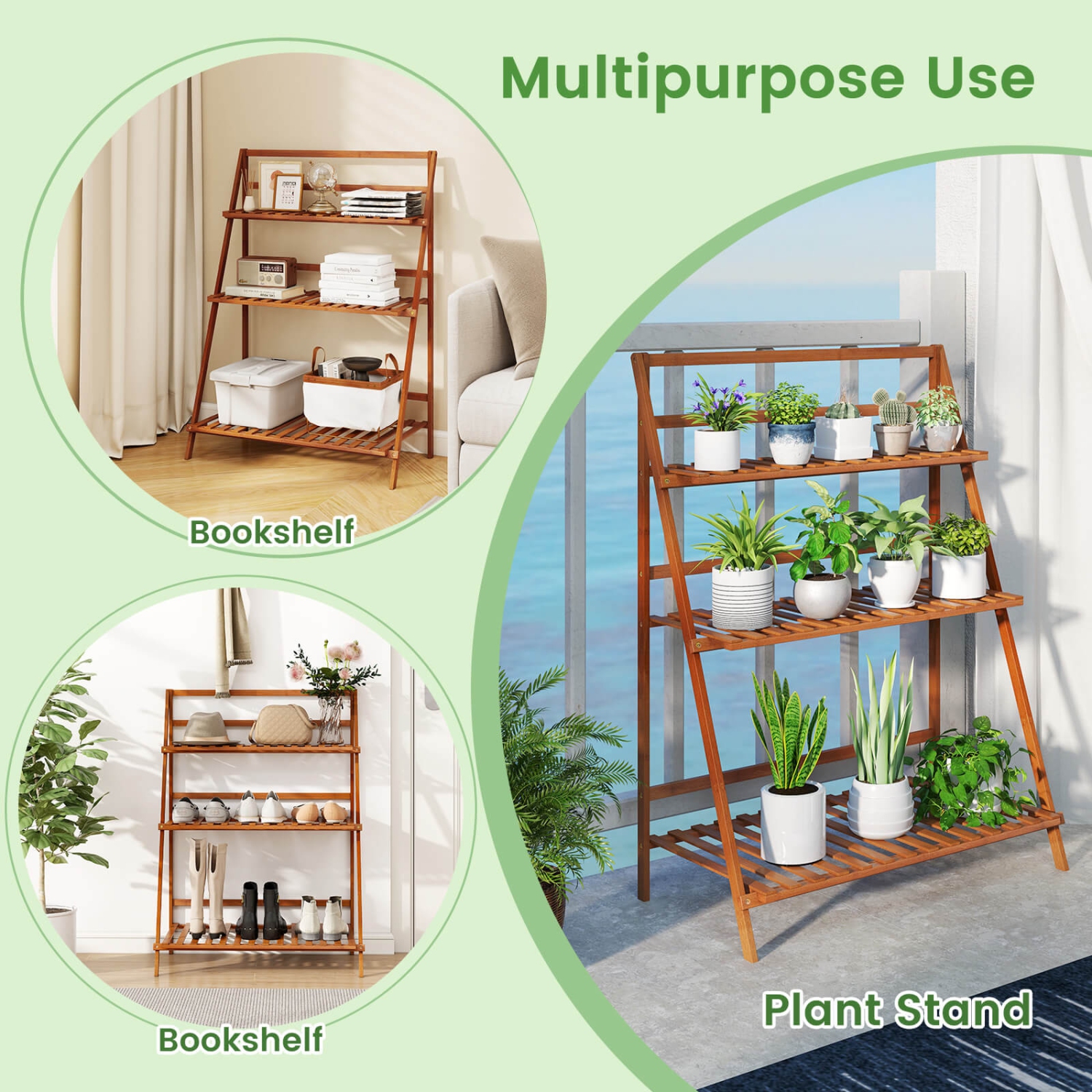 Costway 3 Tier Folding Shelf Stand Bamboo Flower Pot Display Rack Bookcase Organizer